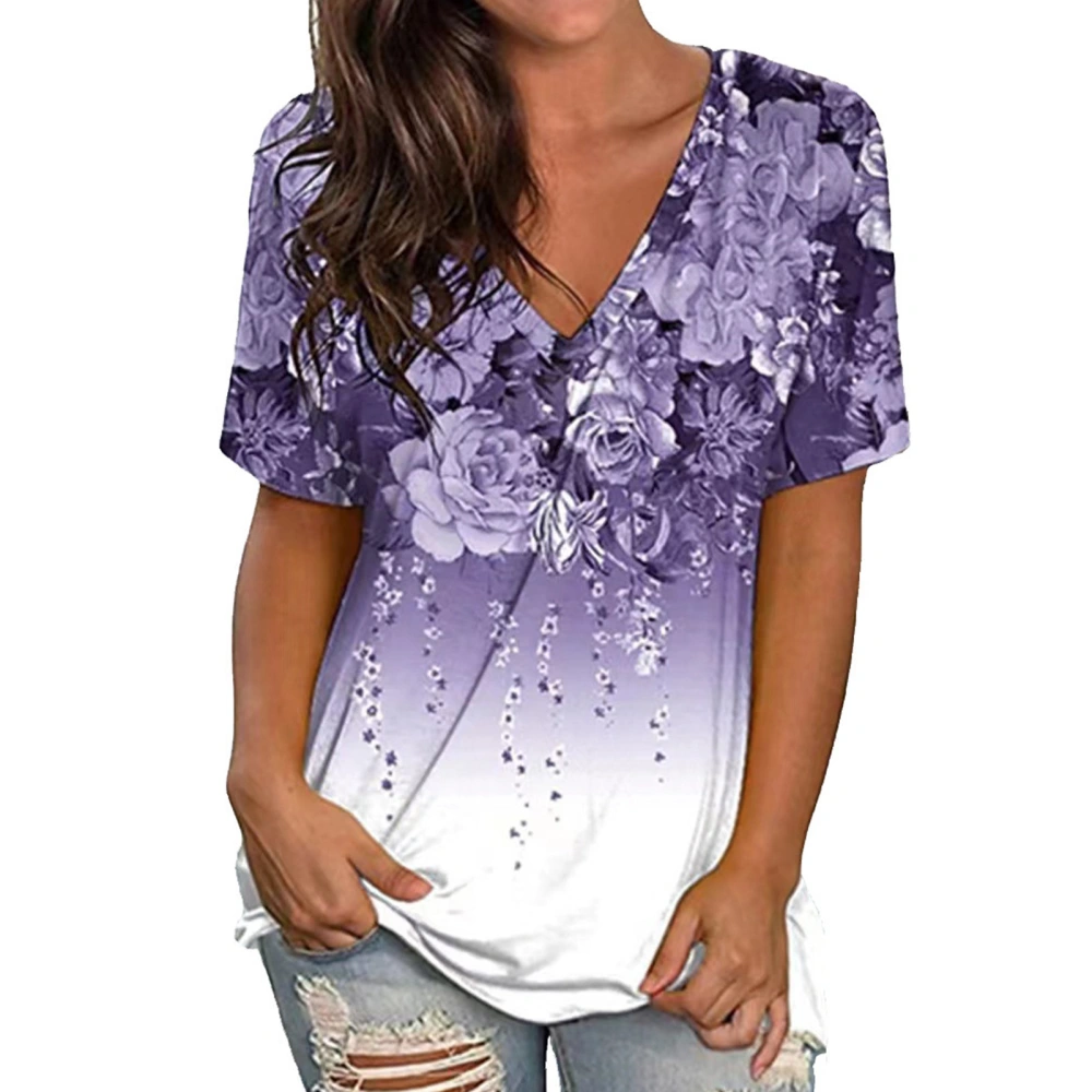 Women Top Floral Print Deep V Neck Top Short Sleeves Blouse Loose Casual Summer Blouse Purple L