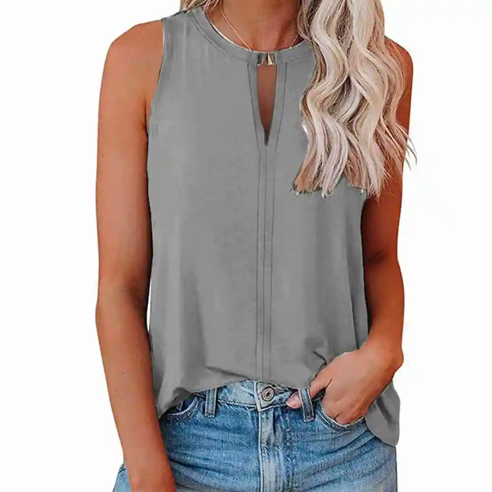 Women Tank Top Front Buckle V Neck Loose Fitting Summer Sleeveless Vest for Daily Wear Grey 2XL