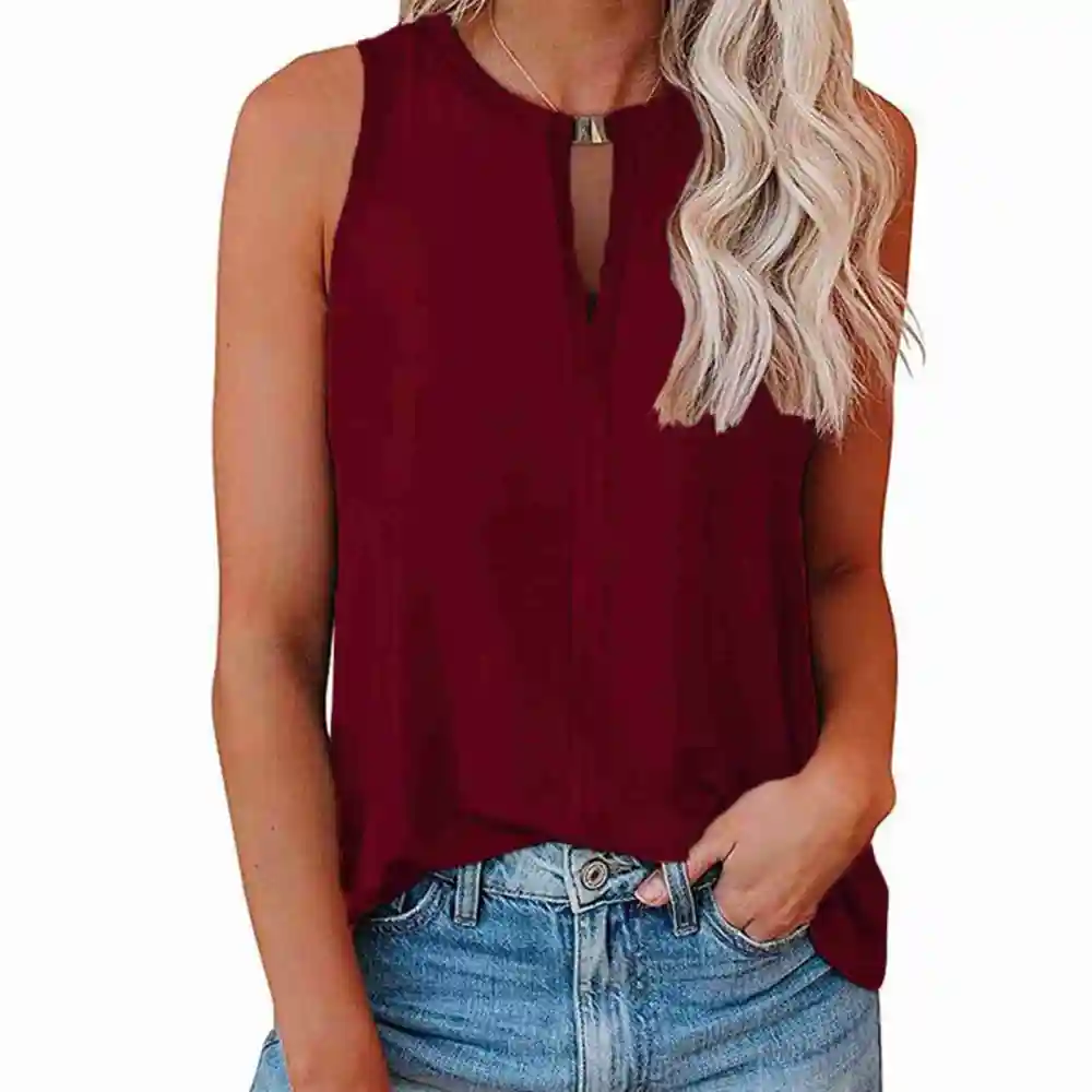 Women Tank Top Front Buckle V Neck Loose Fitting Summer Sleeveless Vest for Daily Wear Red S