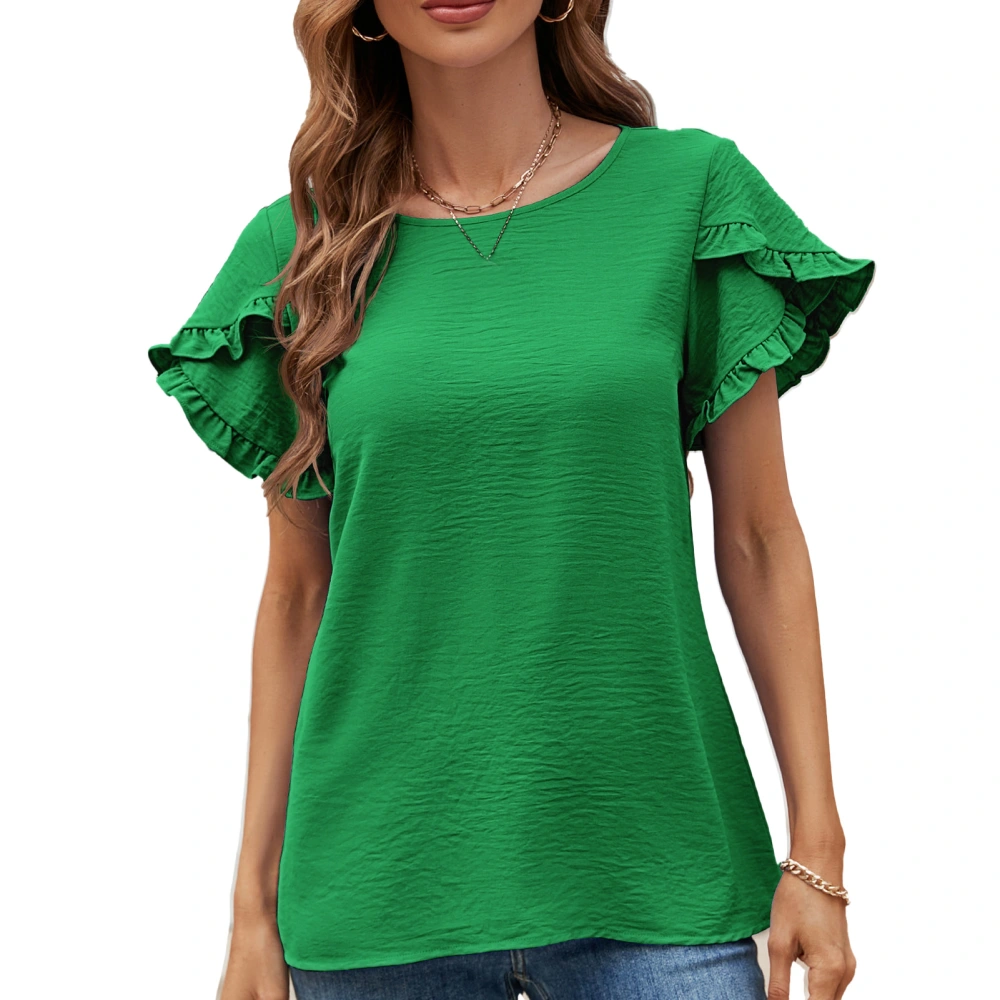 Women Short Ruffle Sleeve Top Casual Stylish Elegant Plain Color Crewneck Shirt Blouse for Beach Party Green M