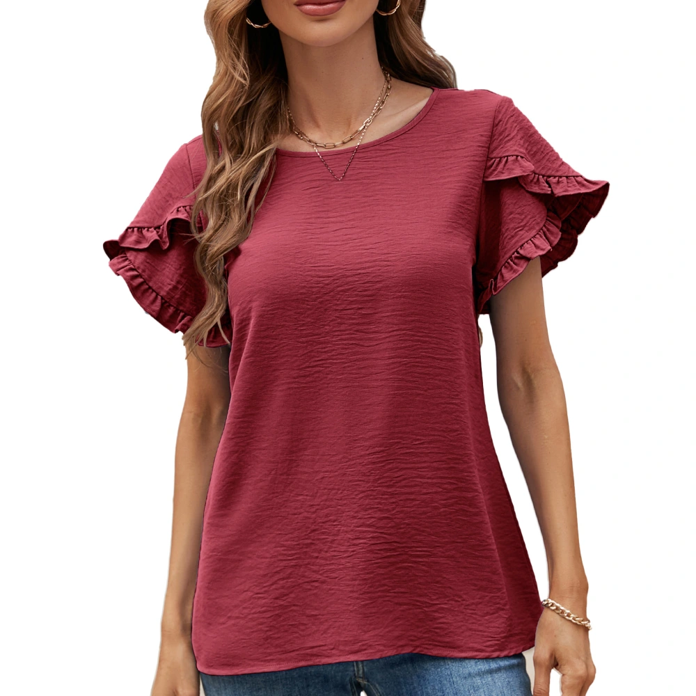 Women Short Ruffle Sleeve Top Casual Stylish Elegant Plain Color Crewneck Shirt Blouse for Beach Party Burgundy L