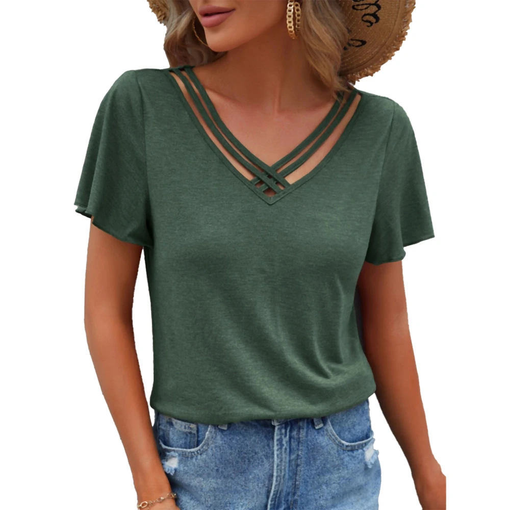 Women Summer Top Ruffle Sleeves Cross Strap Front V Neck Pure Color Summer Shirt Top Dark Green XL