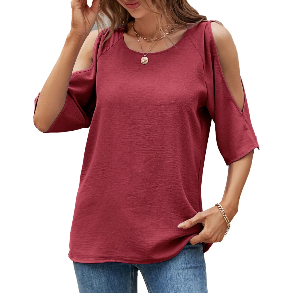 Women Short Sleeve Shirt Cold Shoulder Round Neck Pure Color Loose Fit Casual Lady Blouse for Daily Shopping Wine Red M