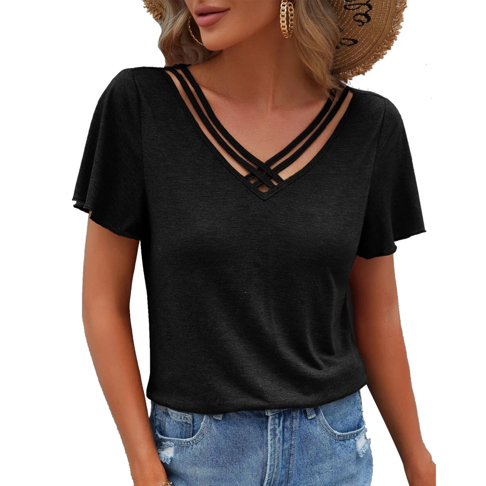 Women Summer Top Ruffle Sleeves Cross Strap Front V Neck Pure Color Summer Shirt Top Black XL