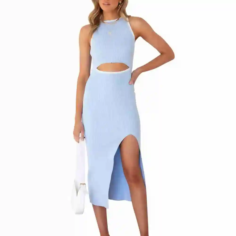 Women Sleeveless Dress Waist Cut Out Color Contrast Side Split Hip Wrap Summer Dress Light Blue L