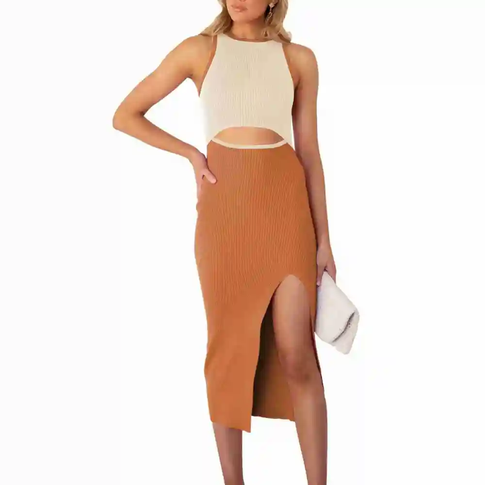 Women Sleeveless Dress Waist Cut Out Color Contrast Side Split Hip Wrap Summer Dress Apricot Orange XL