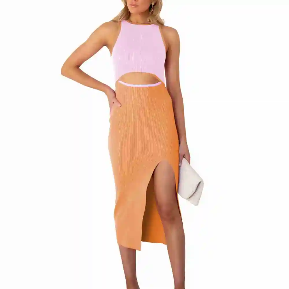 Women Sleeveless Dress Waist Cut Out Color Contrast Side Split Hip Wrap Summer Dress Orange Pink XL