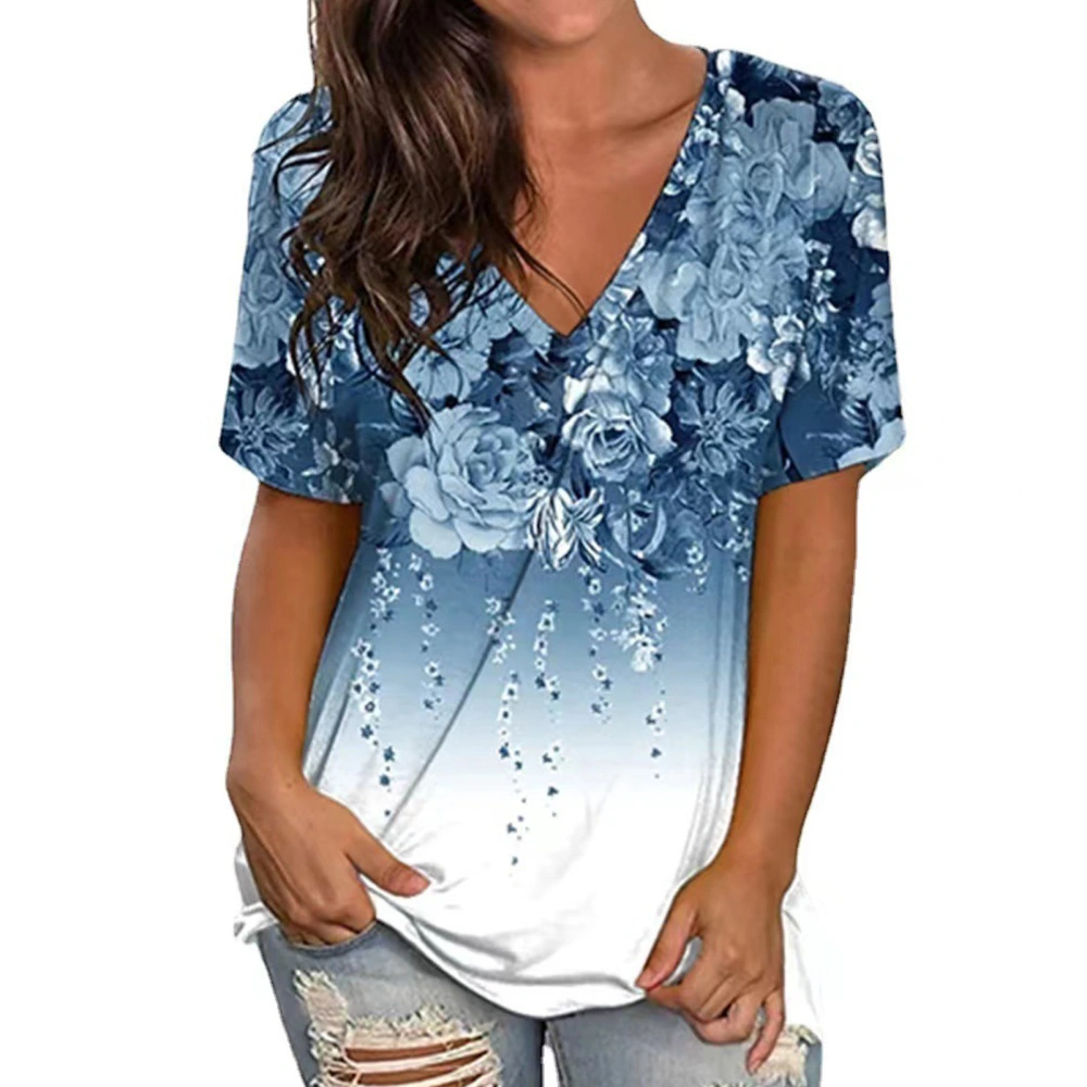 Women Top Floral Print Deep V Neck Top Short Sleeves Blouse Loose Casual Summer Blouse Blue L