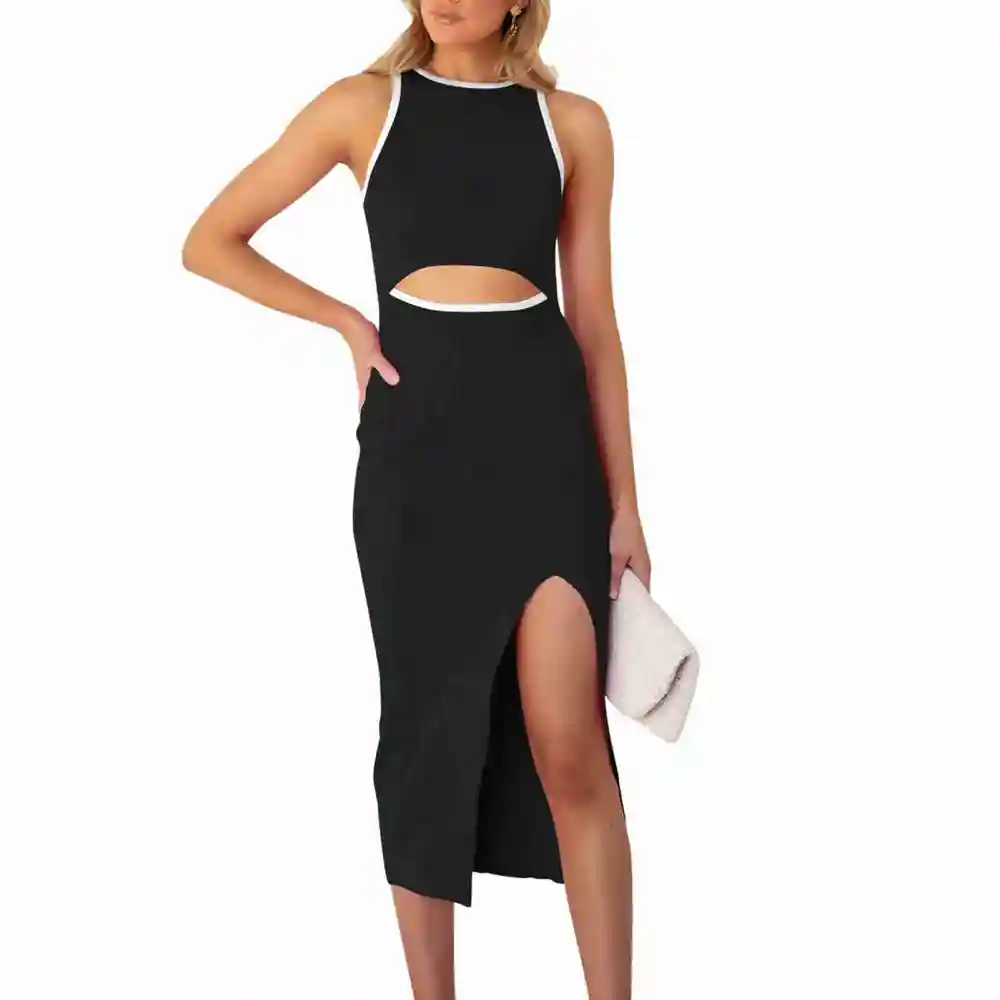 Women Sleeveless Dress Waist Cut Out Color Contrast Side Split Hip Wrap Summer Dress Black L