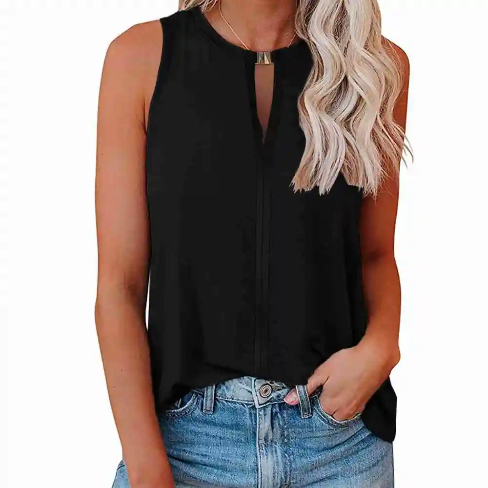 Women Tank Top Front Buckle V Neck Loose Fitting Summer Sleeveless Vest for Daily Wear Black 2XL