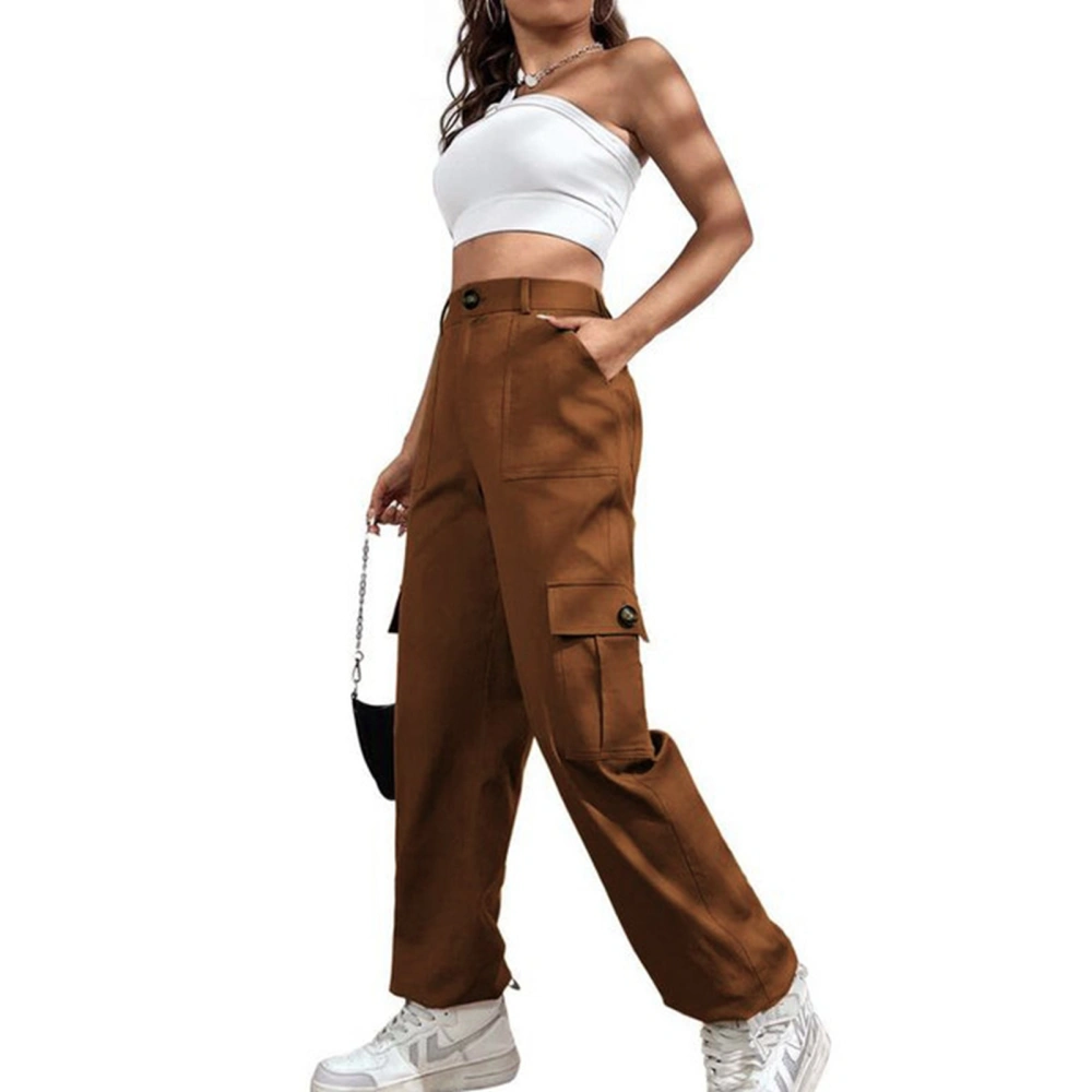 Women Cargo Pants High Waist Large Pockets Ankle Banded Casual Long Trousers for Daily Wear Dark Brown XL