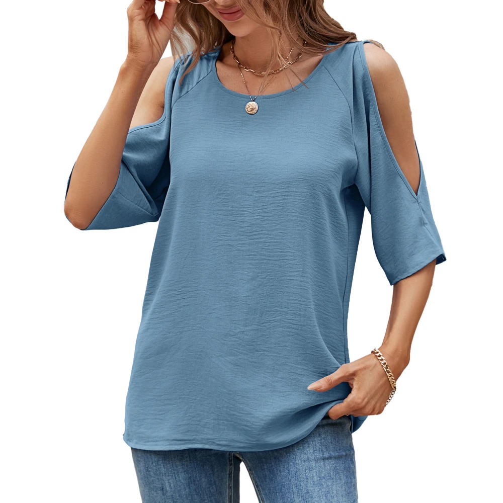 Women Short Sleeve Shirt Cold Shoulder Round Neck Pure Color Loose Fit Casual Lady Blouse for Daily Shopping Grayish Blue L