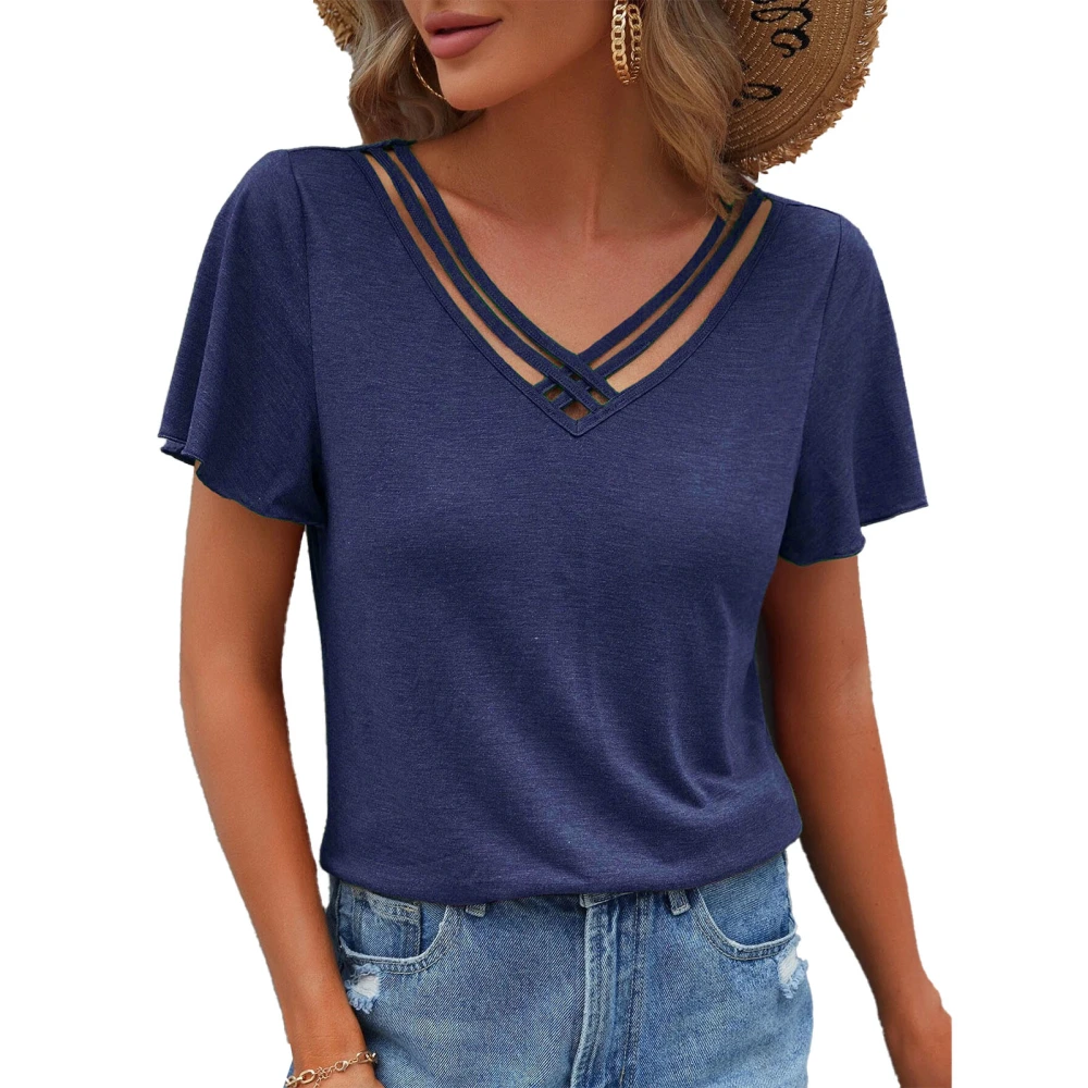 Women Summer Top Ruffle Sleeves Cross Strap Front V Neck Pure Color Summer Shirt Top Navy Blue S