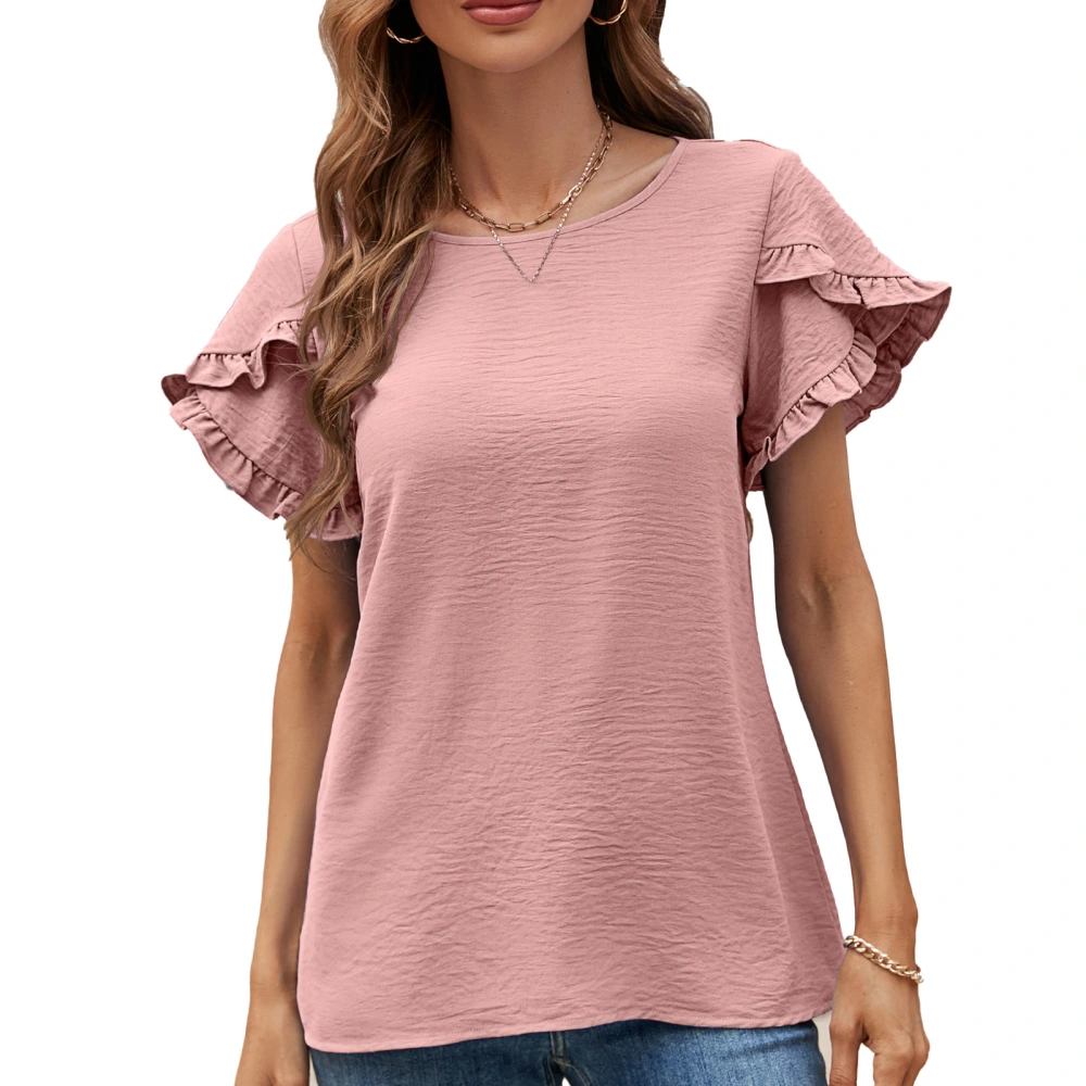 Women Short Ruffle Sleeve Top Casual Stylish Elegant Plain Color Crewneck Shirt Blouse for Beach Party Dark Pink S