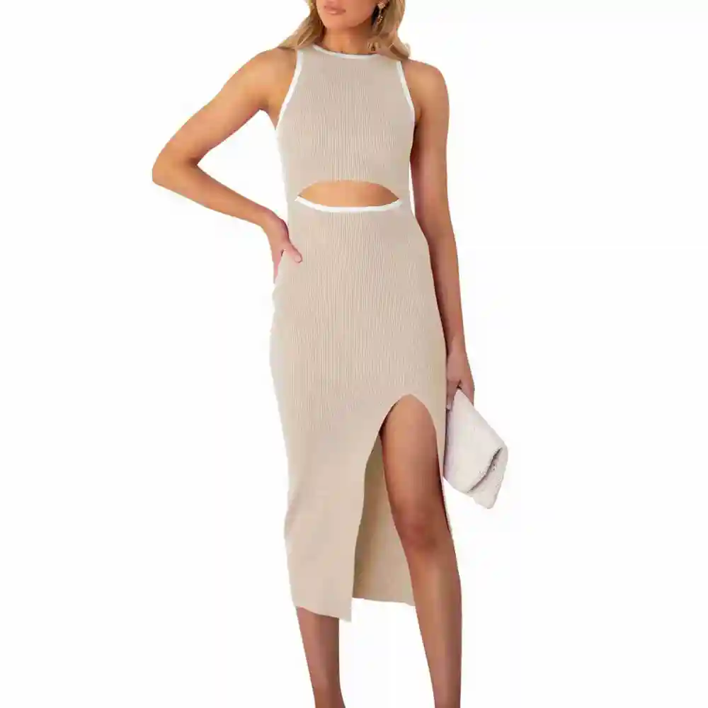 Women Sleeveless Dress Waist Cut Out Color Contrast Side Split Hip Wrap Summer Dress Apricot S