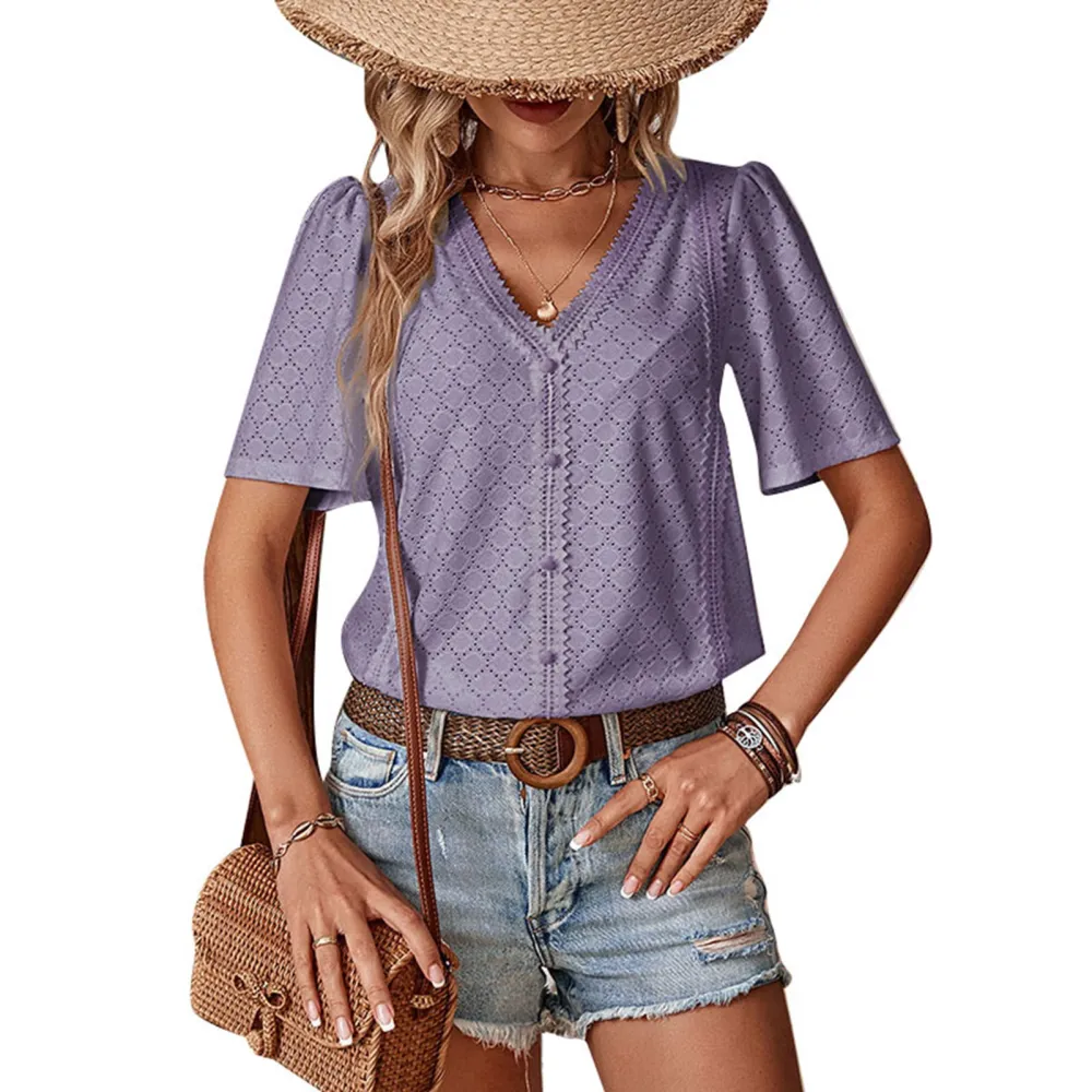 Women Hollow Short Sleeve Top V Neck Casual Loose Fitting Button Front Summer T Shirt Top Purple S