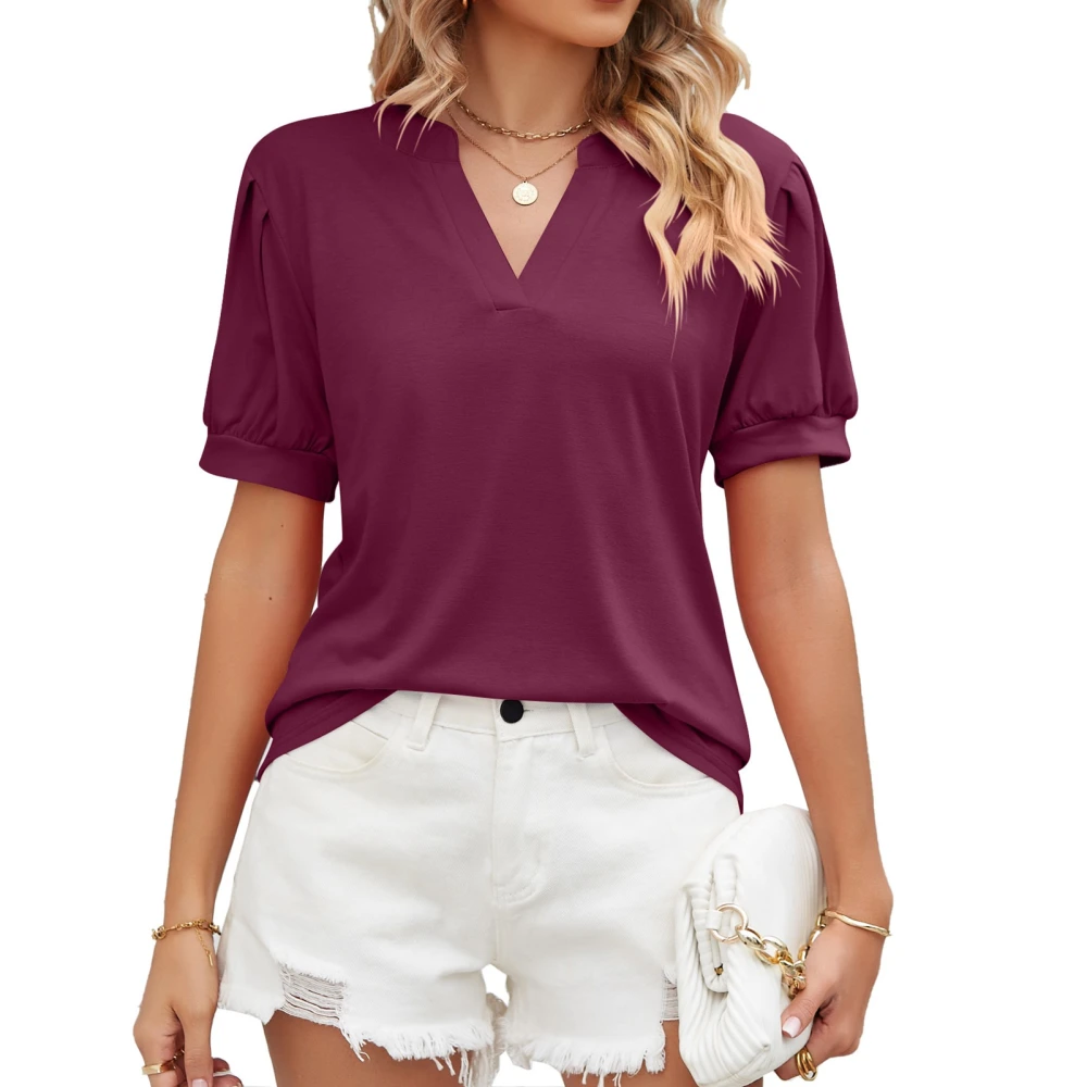 Women Puff Short Sleeve Pleated Shirts Summer Fashionable Casual Pure Color Loose Women V Neck Short Sleeve Tops Wine Red S