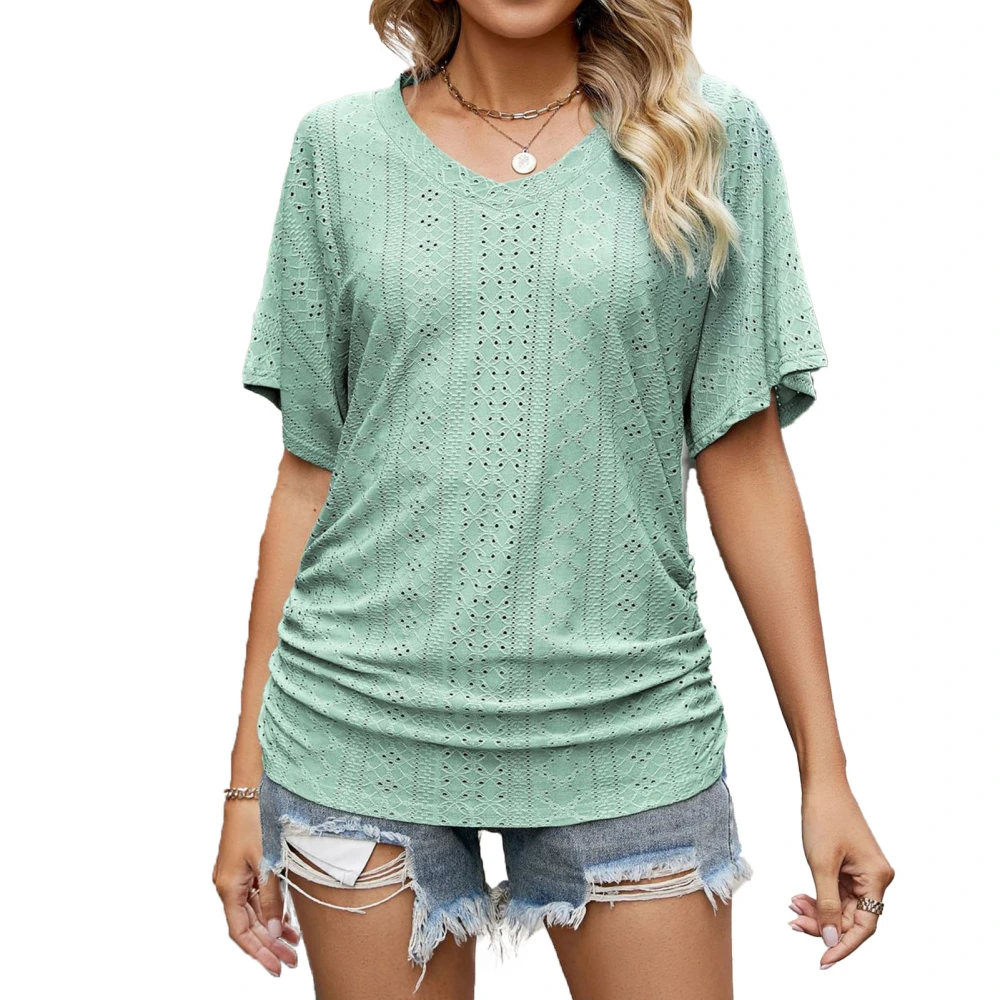 Women Summer Top Ruched Hem V Neck Eyelet Short Sleeves Pure Color Summer Shirt Top Light Green S