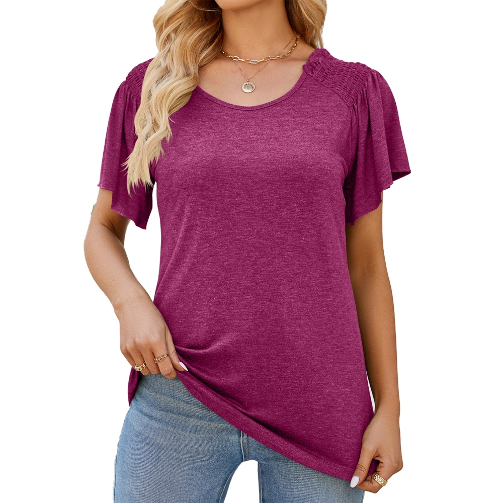 Wommen Summer Top Loose Short Ruffle Sleeve Round Neck Shirred Shoulder Blouse for Female Red Purple XL