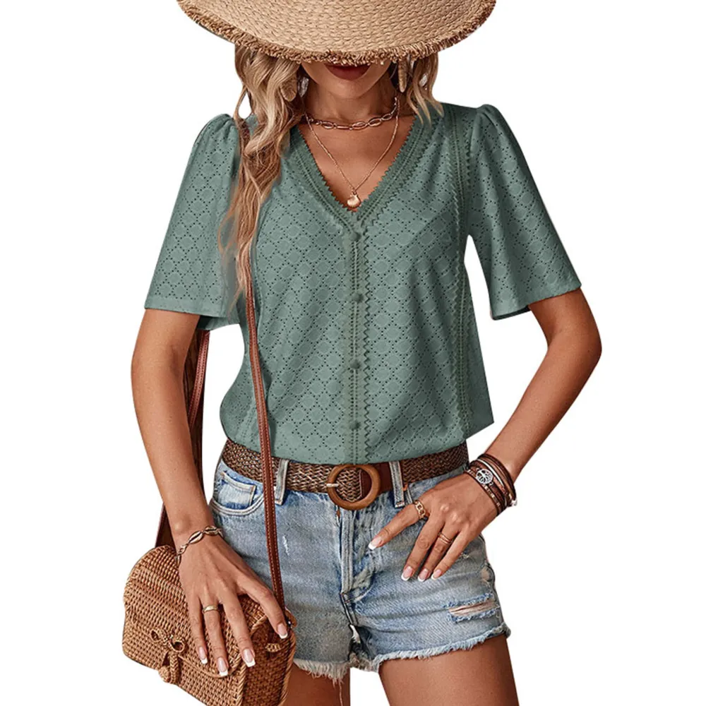 Women Hollow Short Sleeve Top V Neck Casual Loose Fitting Button Front Summer T Shirt Top Green L