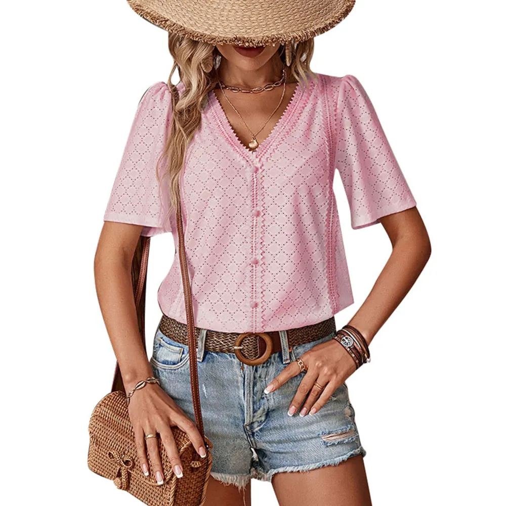 Women Hollow Short Sleeve Top V Neck Casual Loose Fitting Button Front Summer T Shirt Top Coral Pink M