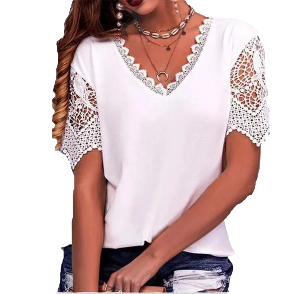 Women Short Sleeve Blouse V Neck Cute Lace Pure Color Fashionable Breathable Casual for Shopping Dating Office White XL