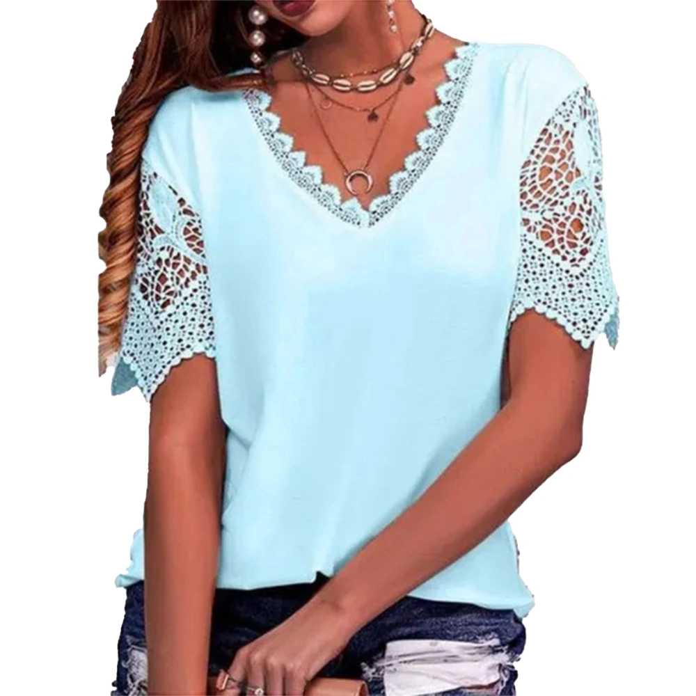 Women Short Sleeve Blouse V Neck Cute Lace Pure Color Fashionable Breathable Casual for Shopping Dating Office Blue S