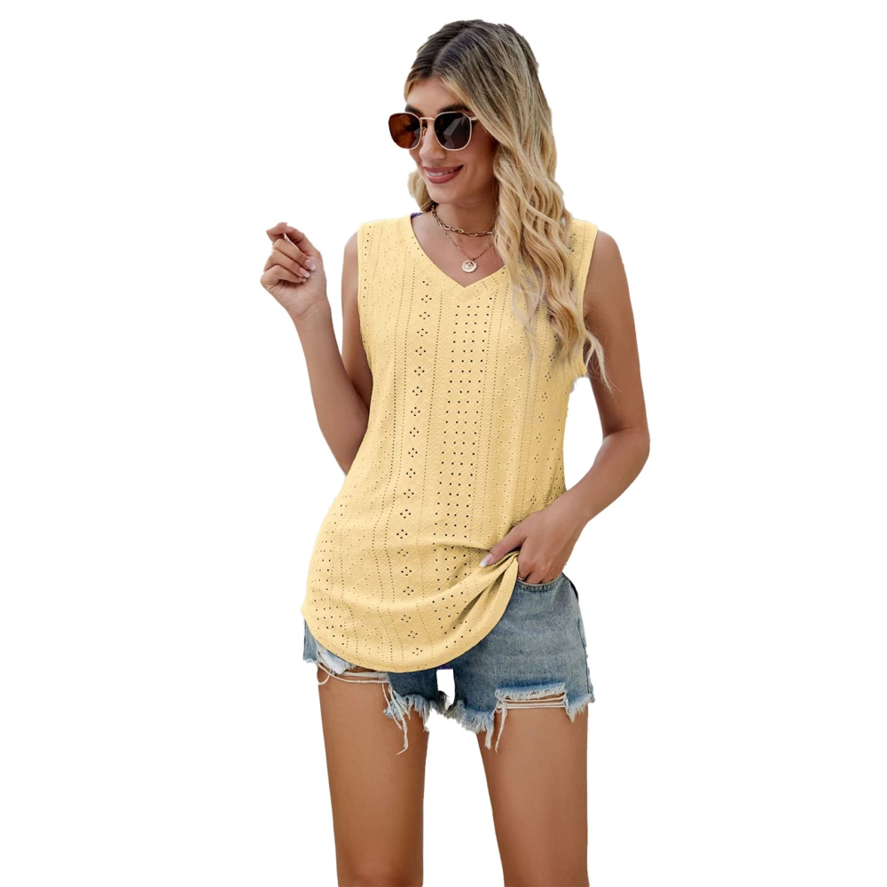 Women V Neck Tank Top Hollow Out Loose Fitting Pure Color Summer Sleeveless Vest for Daily Wear Yellow S