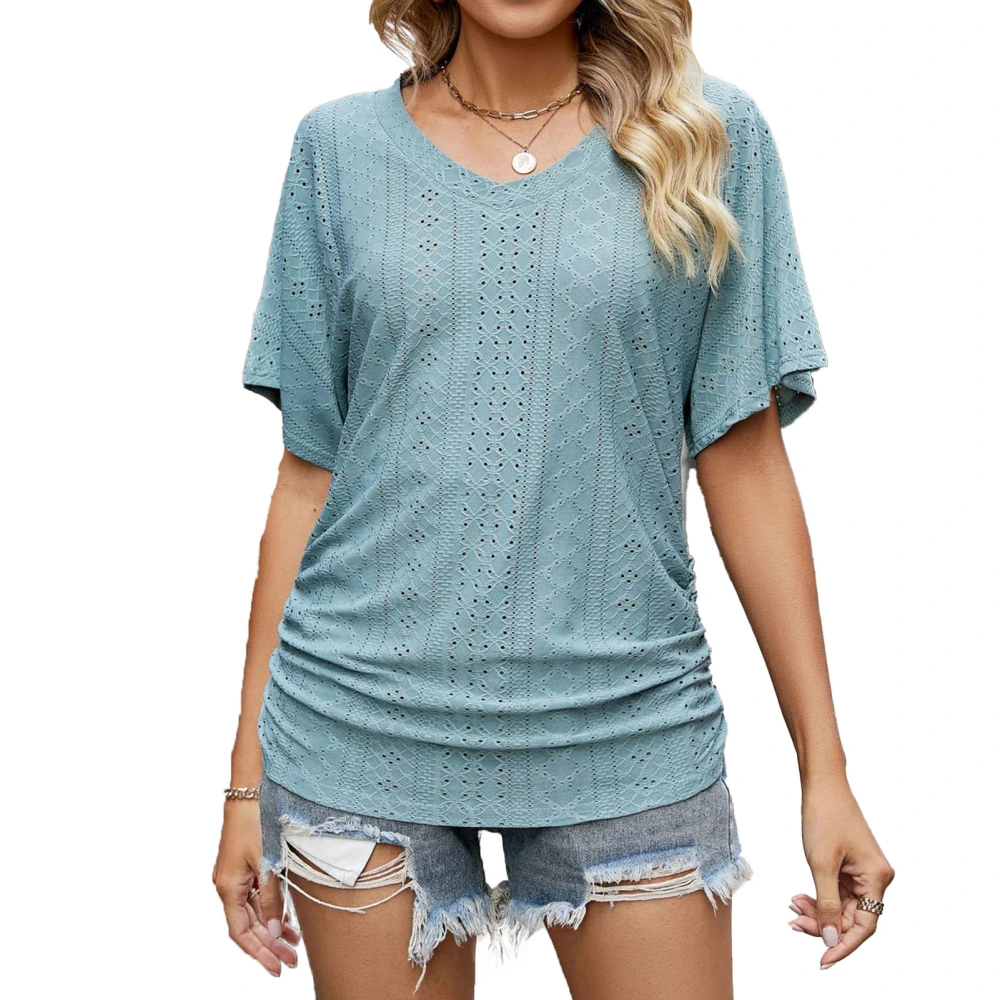 Women Summer Top Ruched Hem V Neck Eyelet Short Sleeves Pure Color Summer Shirt Top Bean Green S