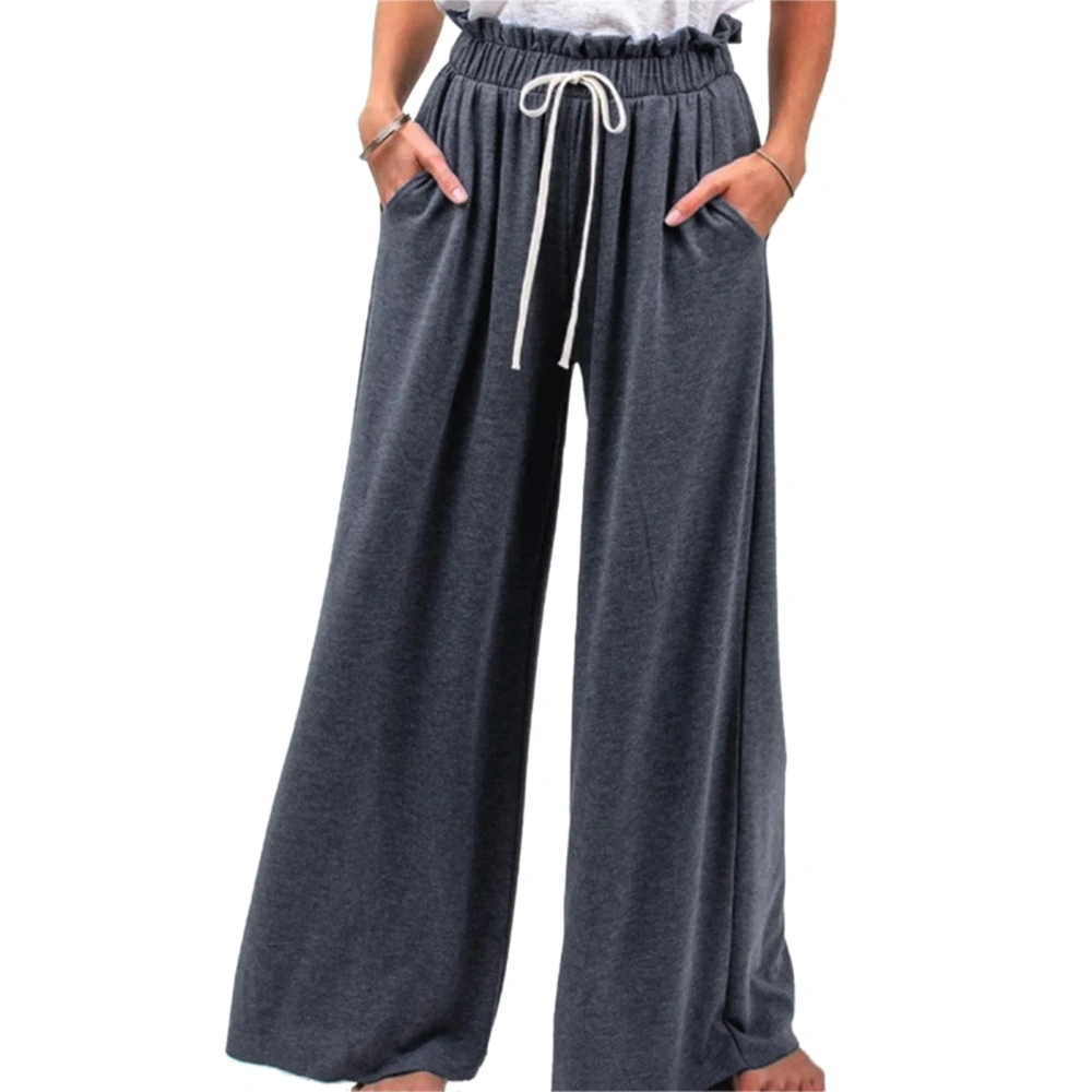 Women Pants High Waist Wide Leg Trousers Drawstring Closure Trousers Casual Loose Pure Color Pants Heather Grey L