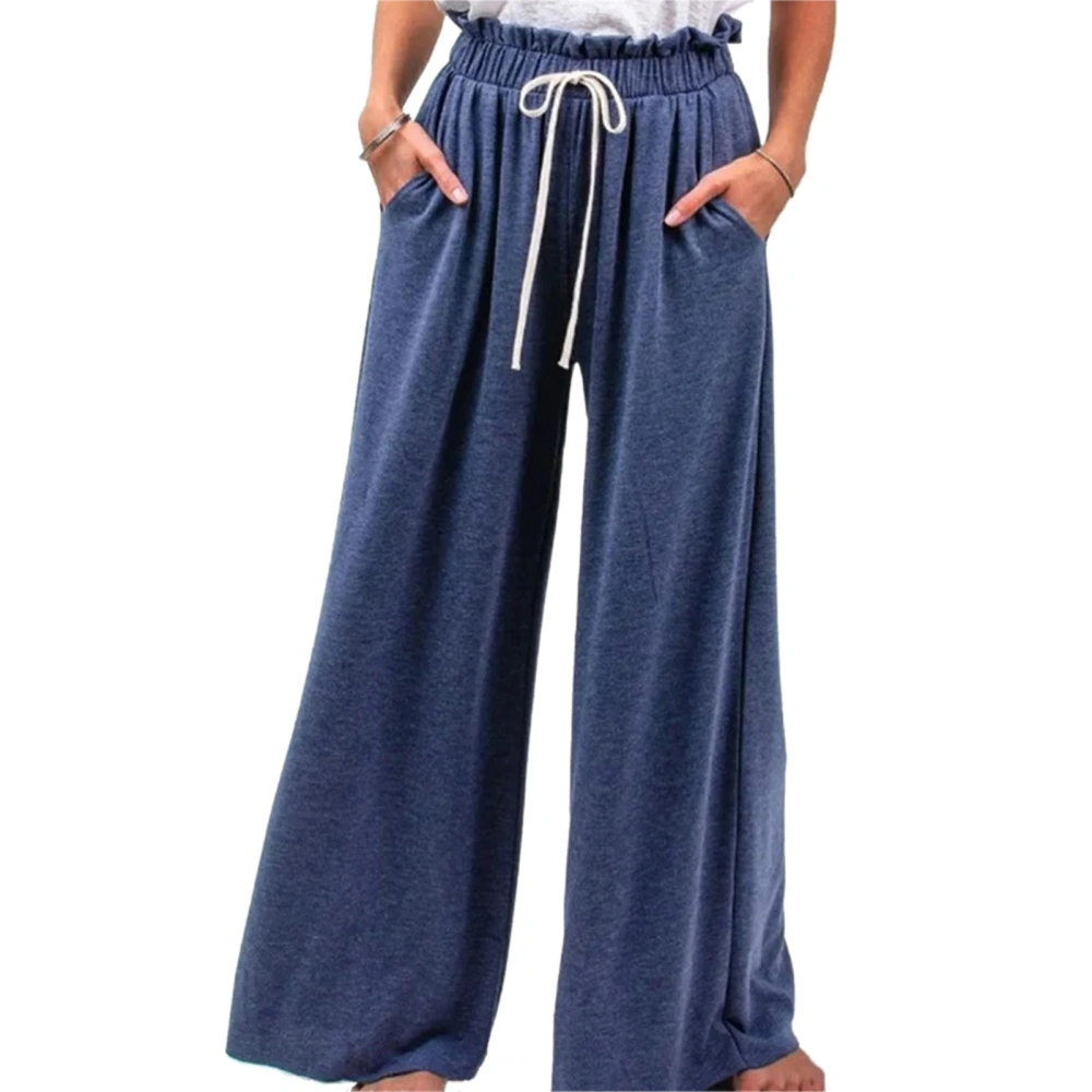 Women Pants High Waist Wide Leg Trousers Drawstring Closure Trousers Casual Loose Pure Color Pants Dark Blue L