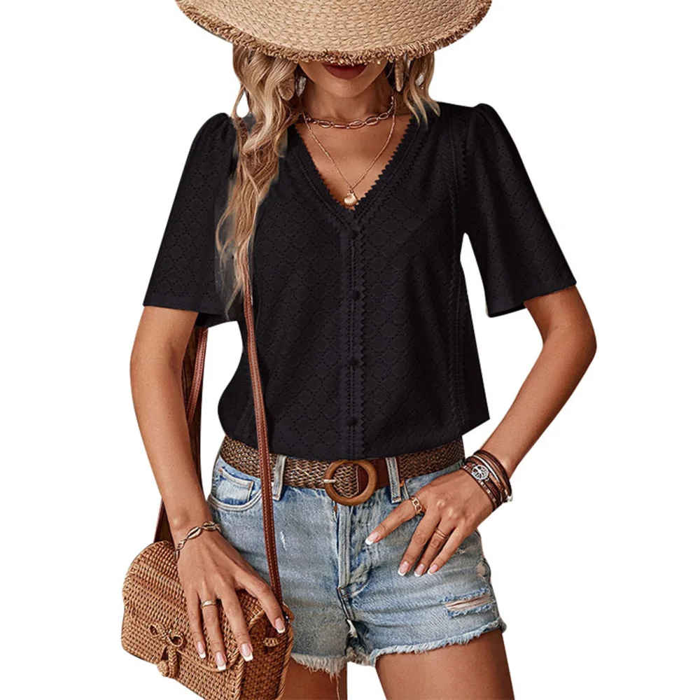 Women Hollow Short Sleeve Top V Neck Casual Loose Fitting Button Front Summer T Shirt Top Black XL