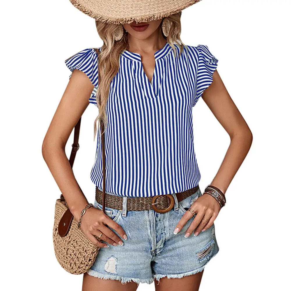 Ruffle Short Sleeve Blouse Stripe Printed Pattern V Neckline Short Sleeve Blouse for Women Lady Blue XL