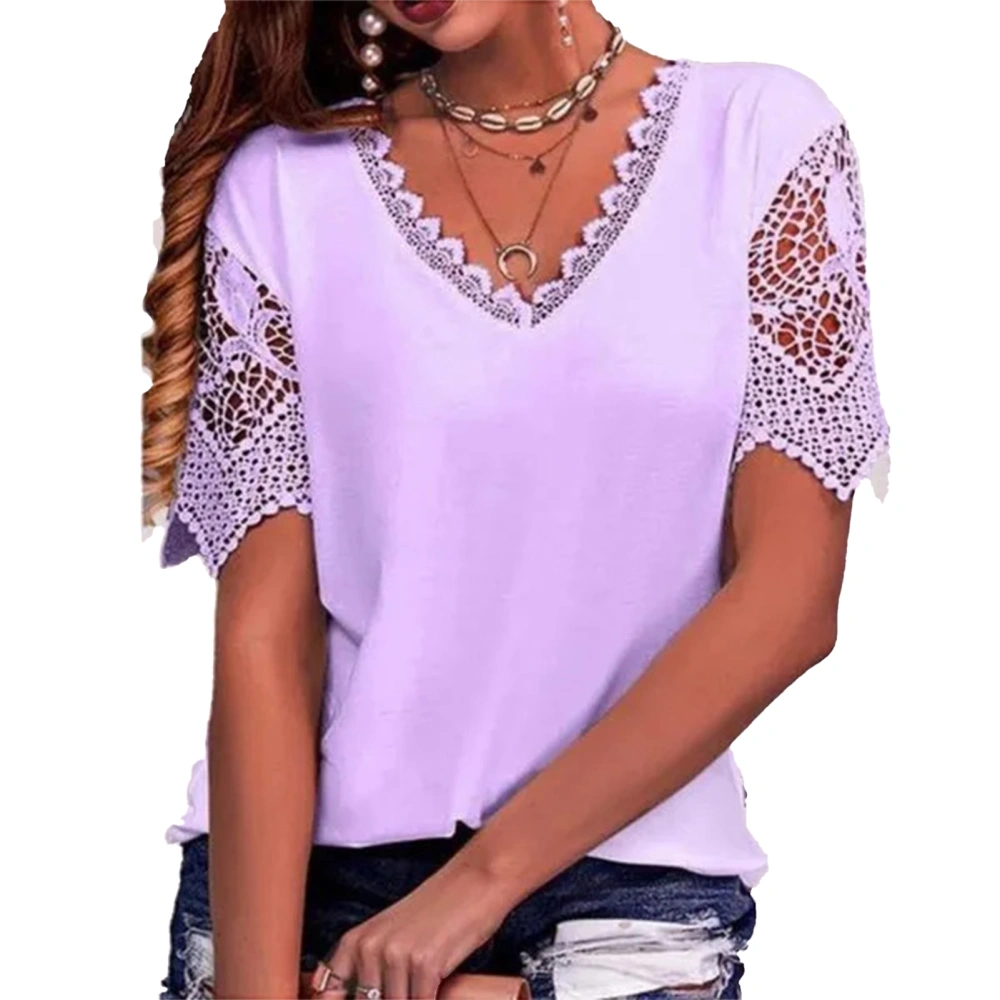 Women Short Sleeve Blouse V Neck Cute Lace Pure Color Fashionable Breathable Casual for Shopping Dating Office Purple XL