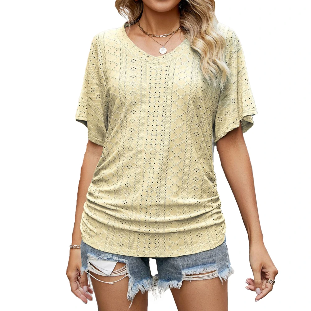 Women Summer Top Ruched Hem V Neck Eyelet Short Sleeves Pure Color Summer Shirt Top Yellow L