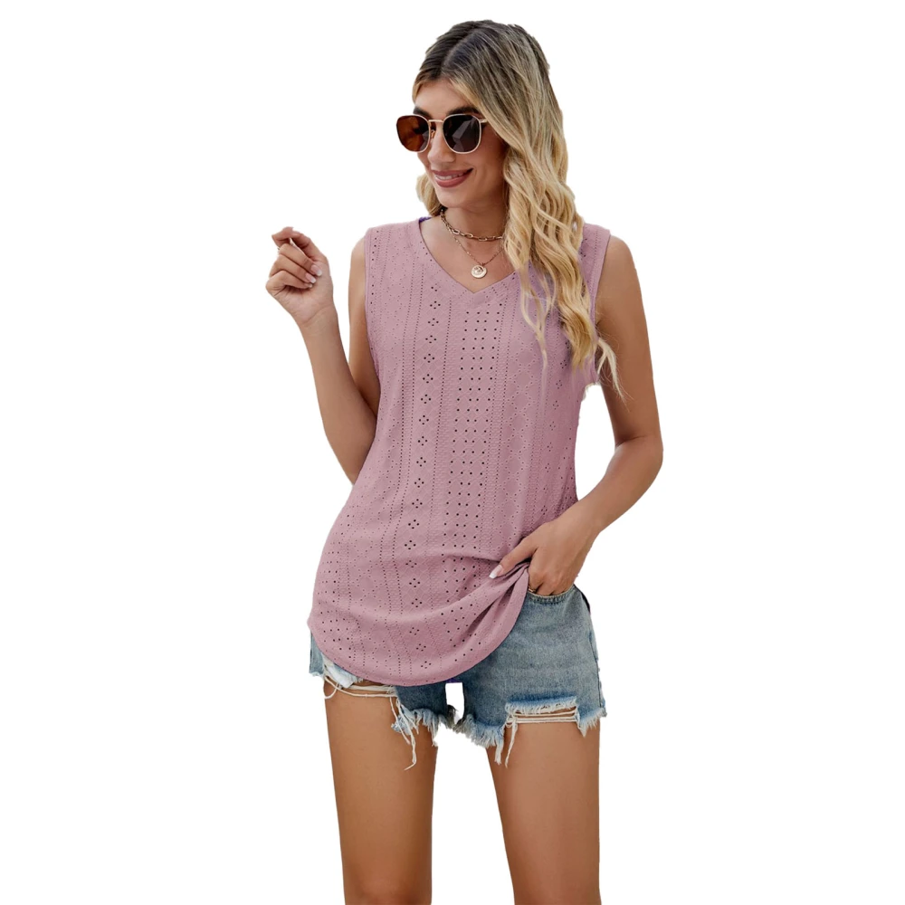 Women V Neck Tank Top Hollow Out Loose Fitting Pure Color Summer Sleeveless Vest for Daily Wear Dusty Pink L