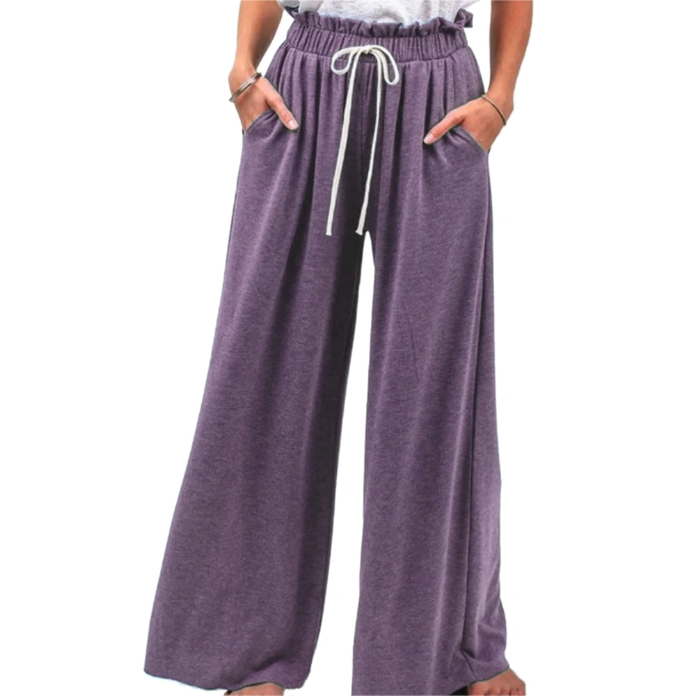 Women Pants High Waist Wide Leg Trousers Drawstring Closure Trousers Casual Loose Pure Color Pants Purple XL