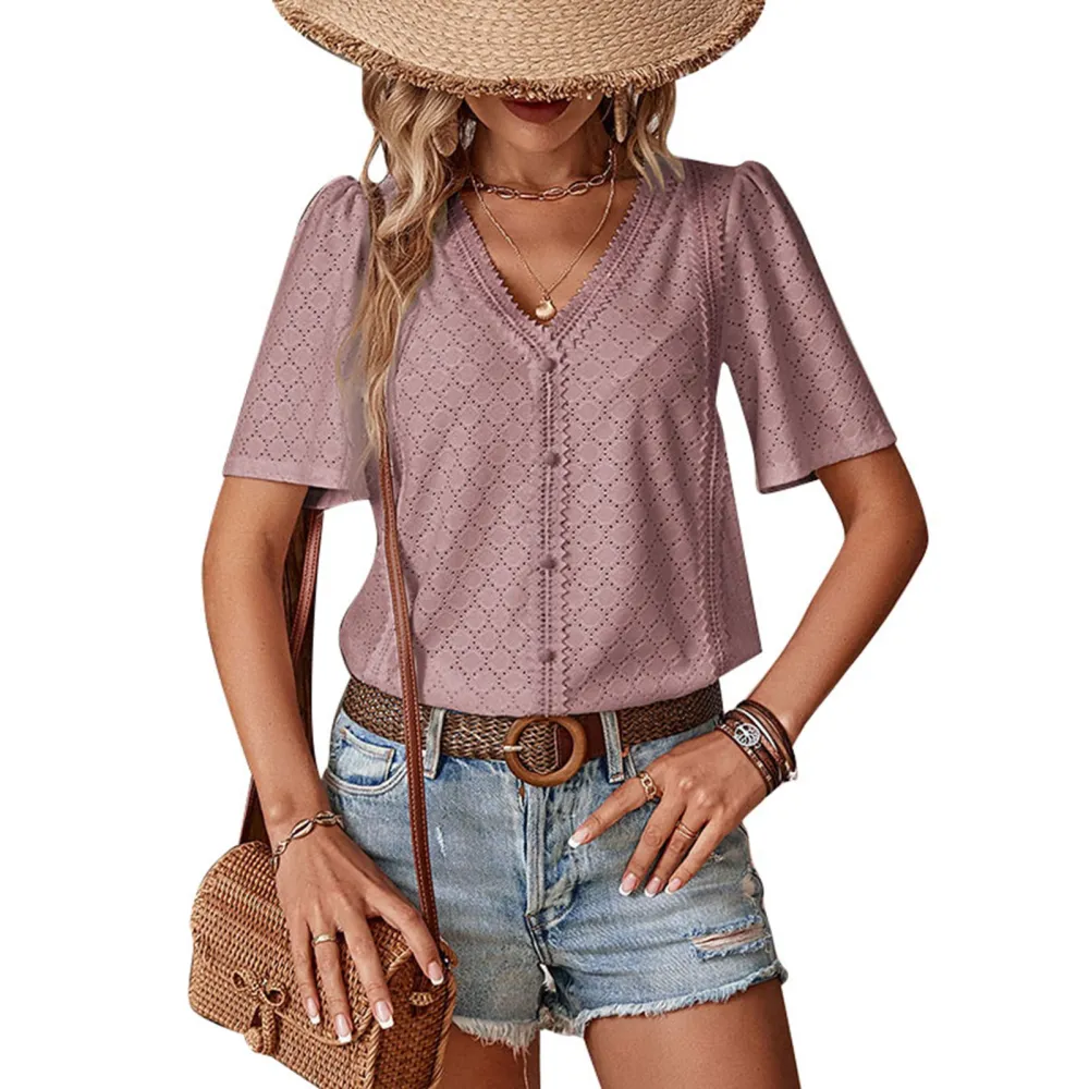 Women Hollow Short Sleeve Top V Neck Casual Loose Fitting Button Front Summer T Shirt Top Pink S