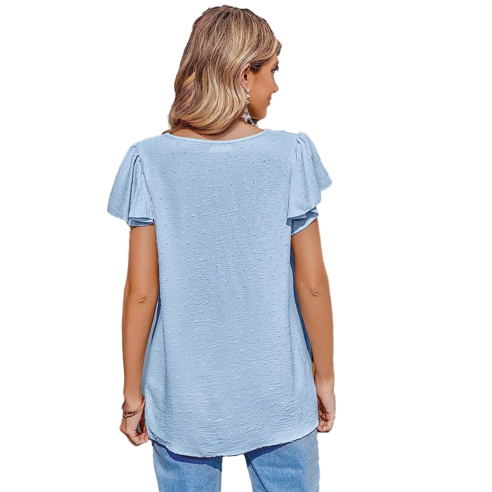 Women Short Sleeve Top V Neck Ruffled Sleeve Breathable Summer Blouse for Daily Dating Shopping Light Blue S