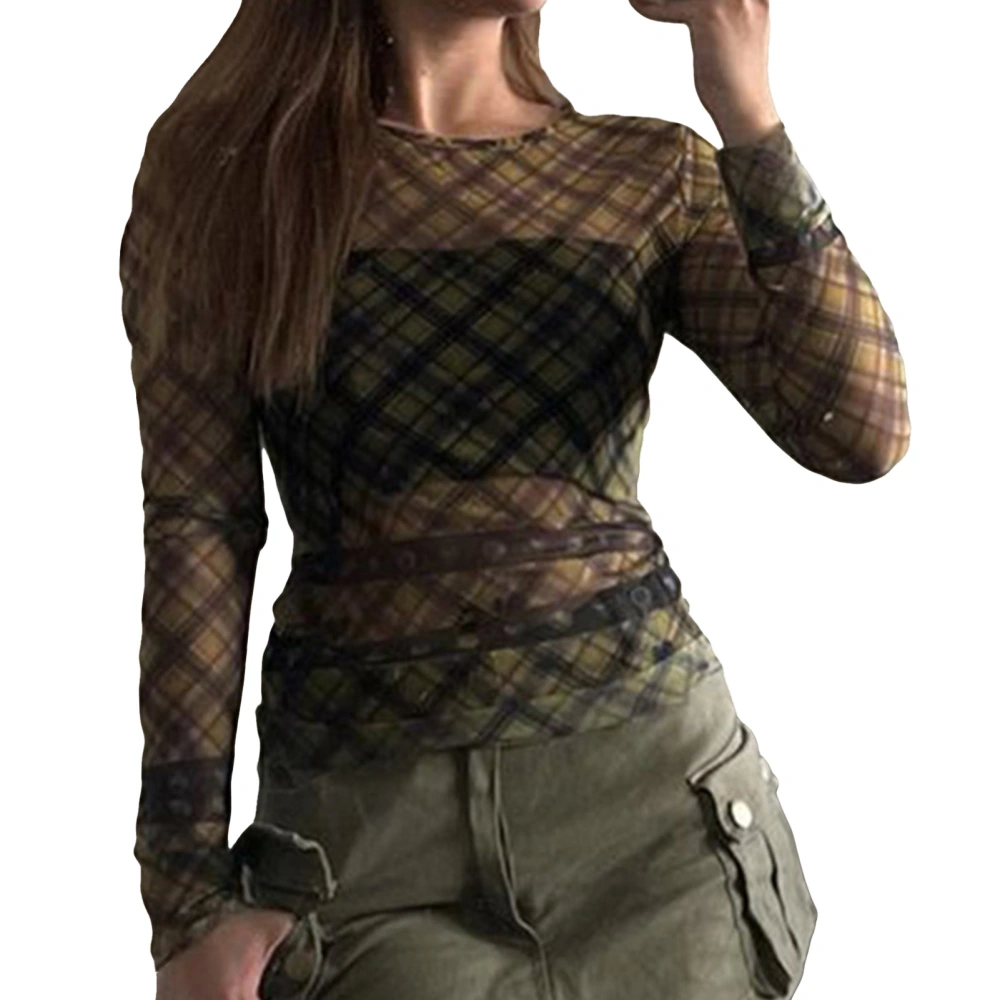 Women Top Long Curved Sleeve Round Neck Blouse Slim Fit Elastic Waist Top Plaid Mesh Pullover Colorful M