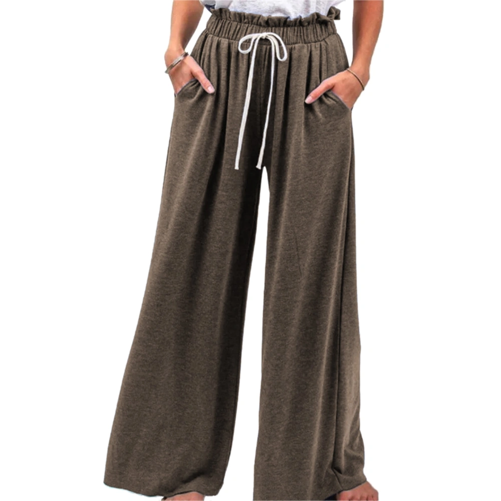 Women Pants High Waist Wide Leg Trousers Drawstring Closure Trousers Casual Loose Pure Color Pants Coffee XXL