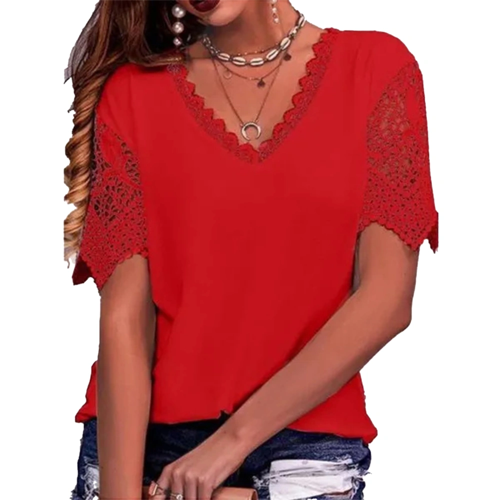 Women Short Sleeve Blouse V Neck Cute Lace Pure Color Fashionable Breathable Casual for Shopping Dating Office Red L