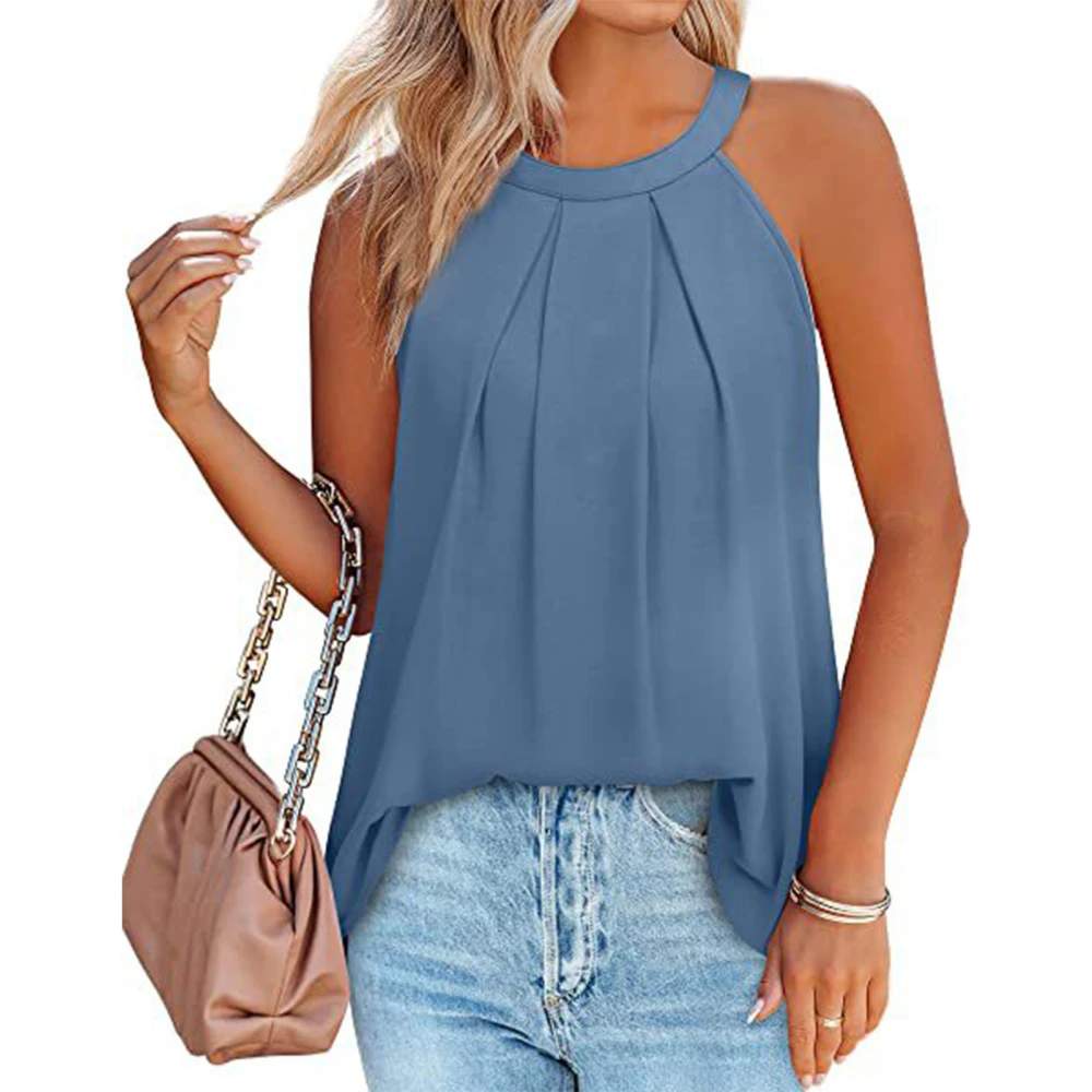 Women Halter Neck Tank Top Loose Ruffled Fashion Soft Breathable Sleeveless Casual Blouse for Summer Blue L