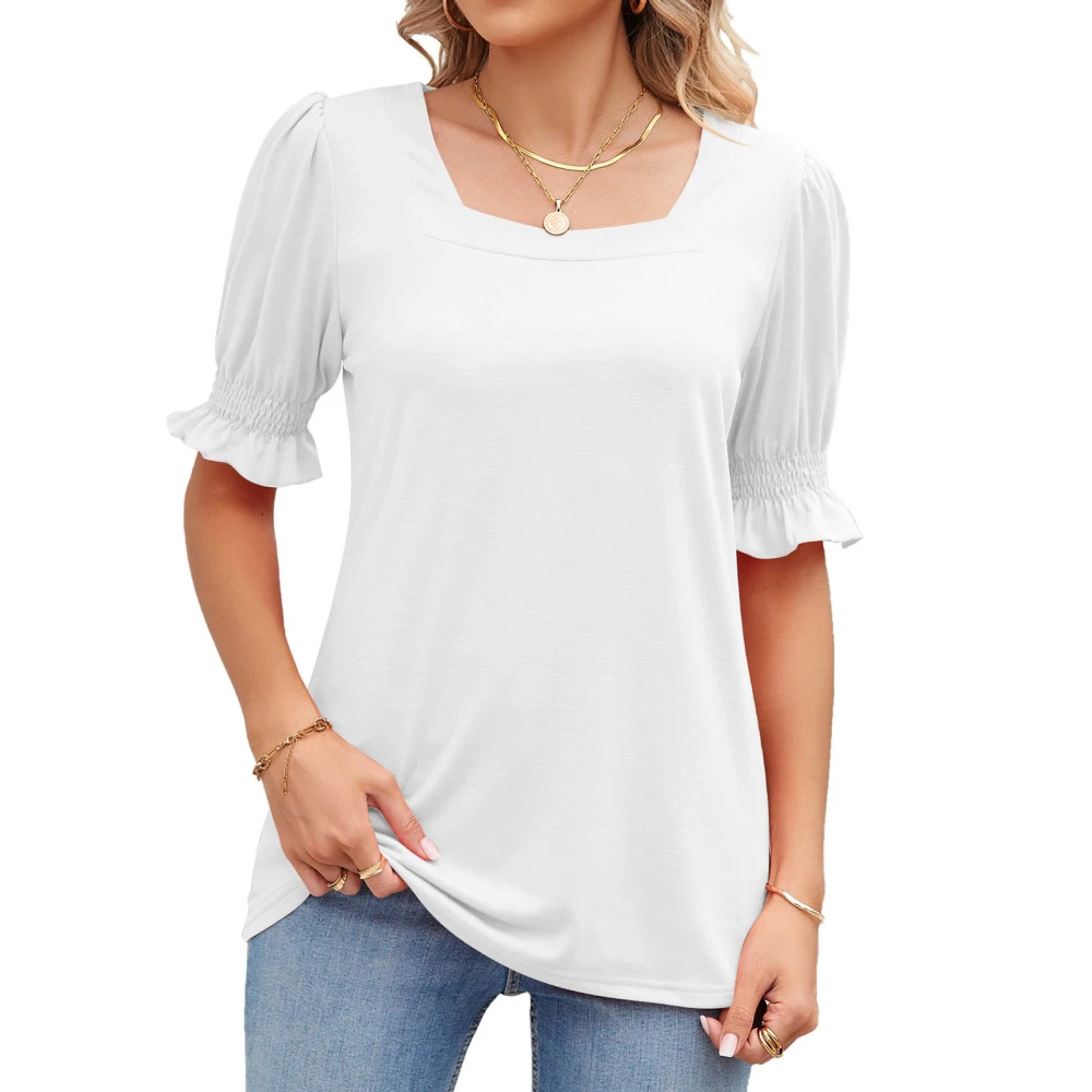 Women Puff Short Sleeve Tops Stylish Casual Loose Shirred Cuff Women Quadrate Neck Summer Shirts for Daily Work Party White S