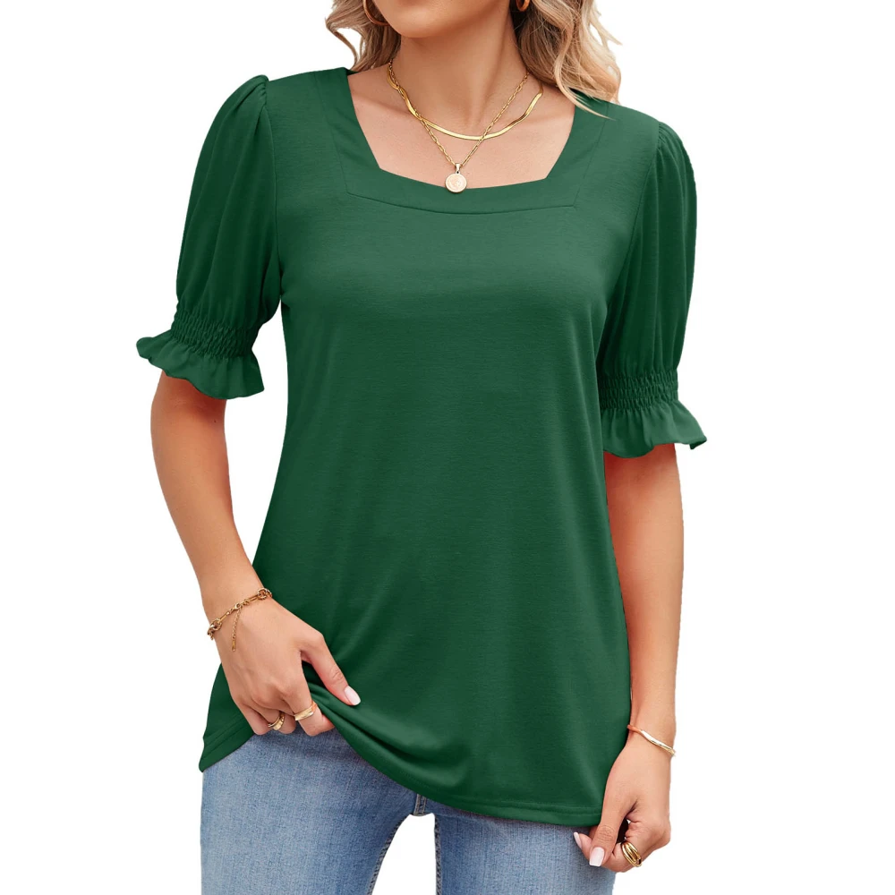 Women Puff Short Sleeve Tops Stylish Casual Loose Shirred Cuff Women Quadrate Neck Summer Shirts for Daily Work Party Dark Green S