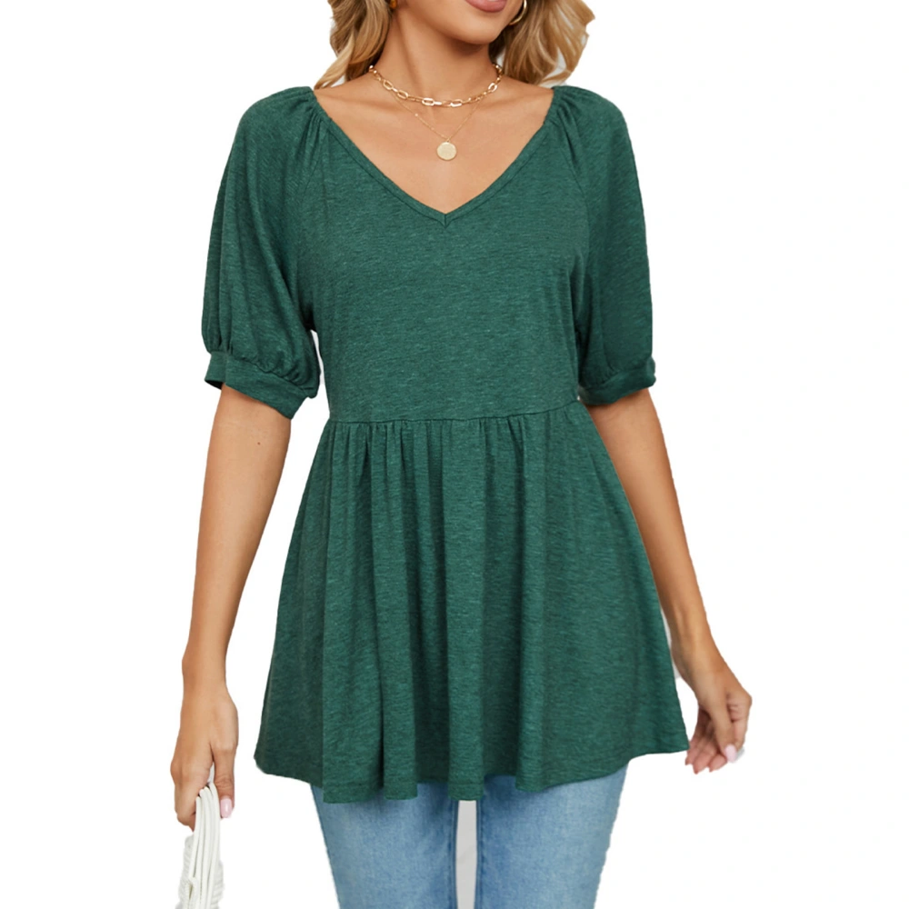 Women Summer Loose Top Mid Length Puff Sleeve V Neck Ruffle Hem Blouse for Female Dark Green S