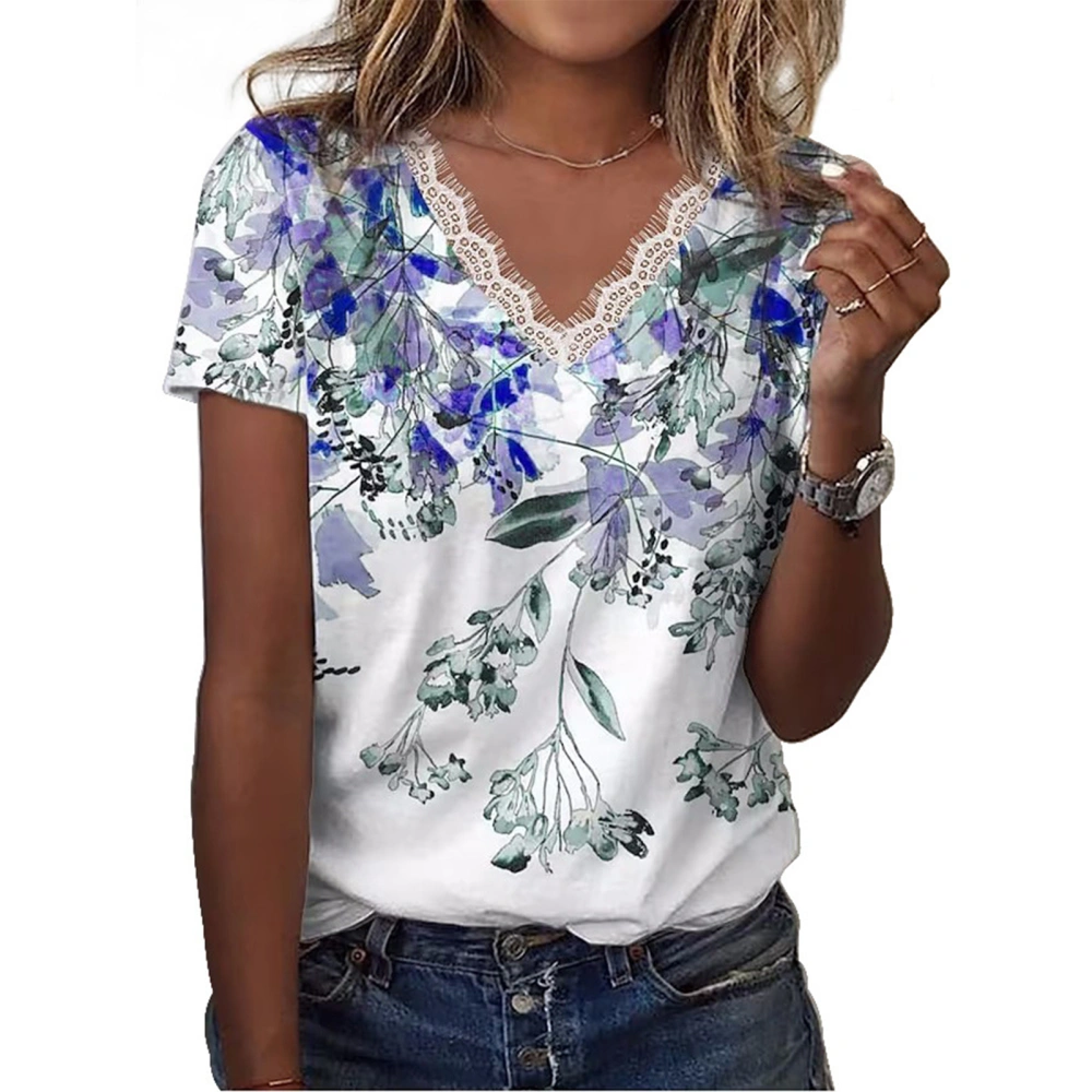 Wommen Summer T Shirt Loose Short Sleeve V Neck Lace Trim Floral Printed Top for Female Ladies Printing C Blue XL