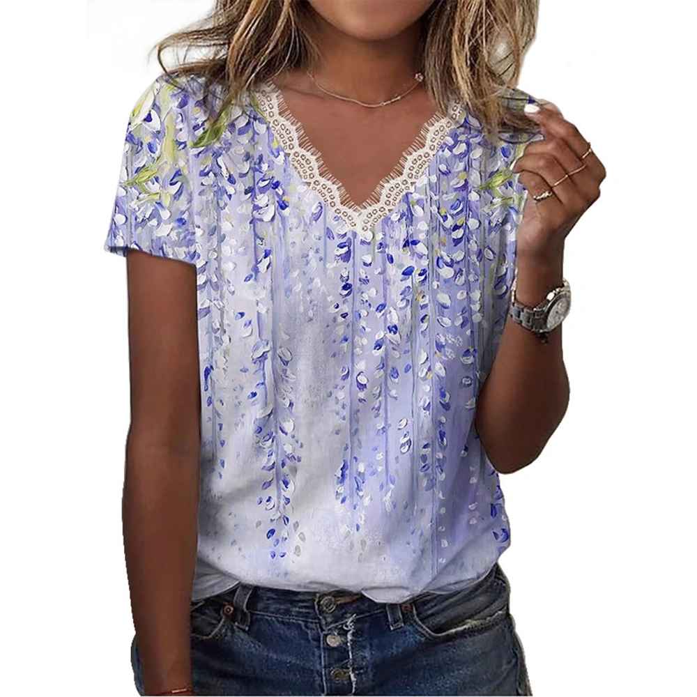 Wommen Summer T Shirt Loose Short Sleeve V Neck Lace Trim Floral Printed Top for Female Ladies Printing D Blue L