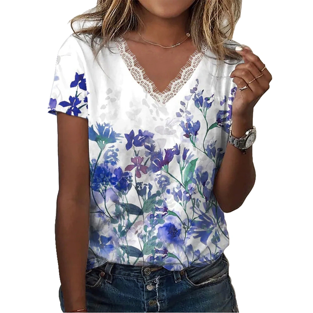 Wommen Summer T Shirt Loose Short Sleeve V Neck Lace Trim Floral Printed Top for Female Ladies Printing E Blue M