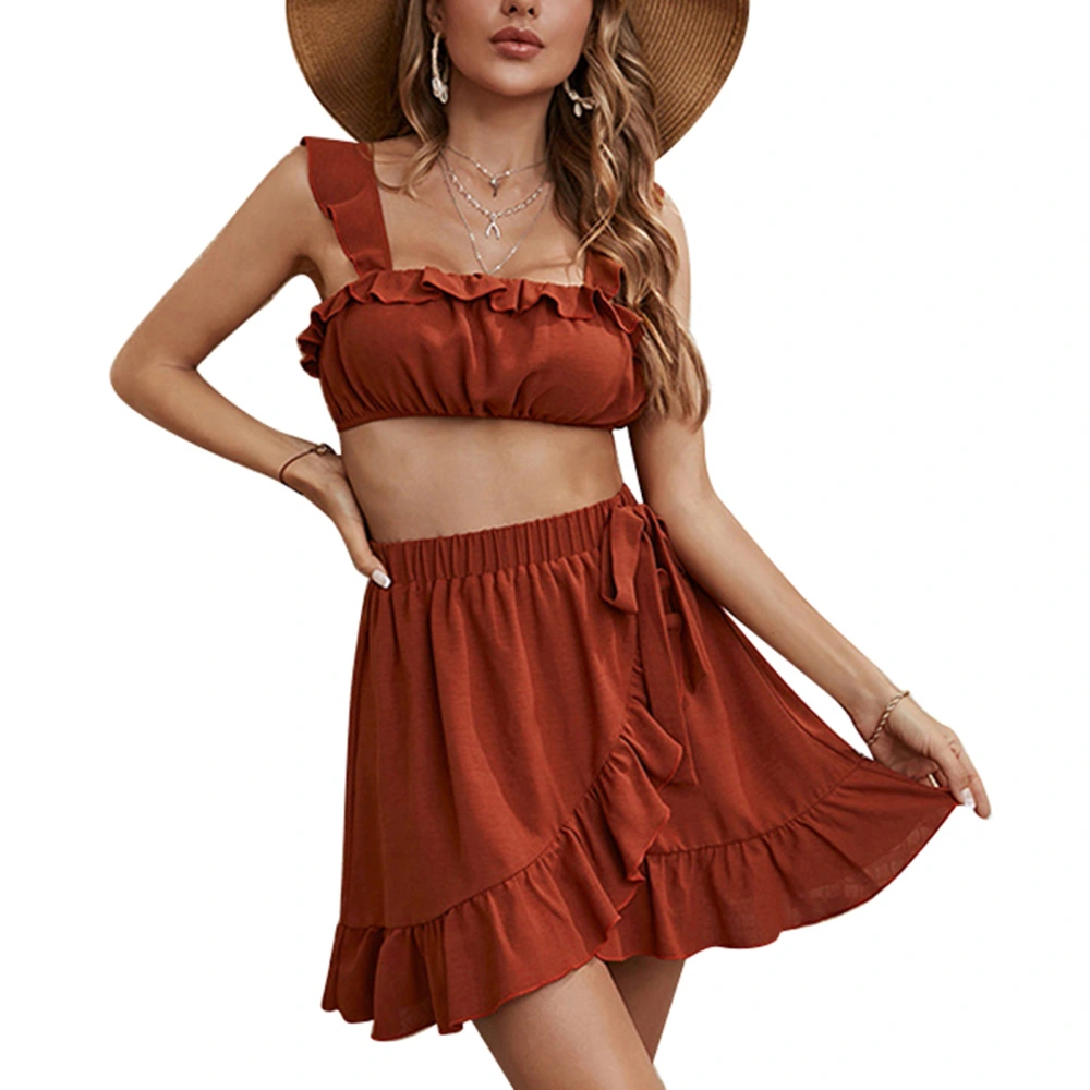 Women Sleeveless Top Skirt Set Ruffle Hem Side Bow Tie High Waist Summer 2 Piece Outfits Orange M